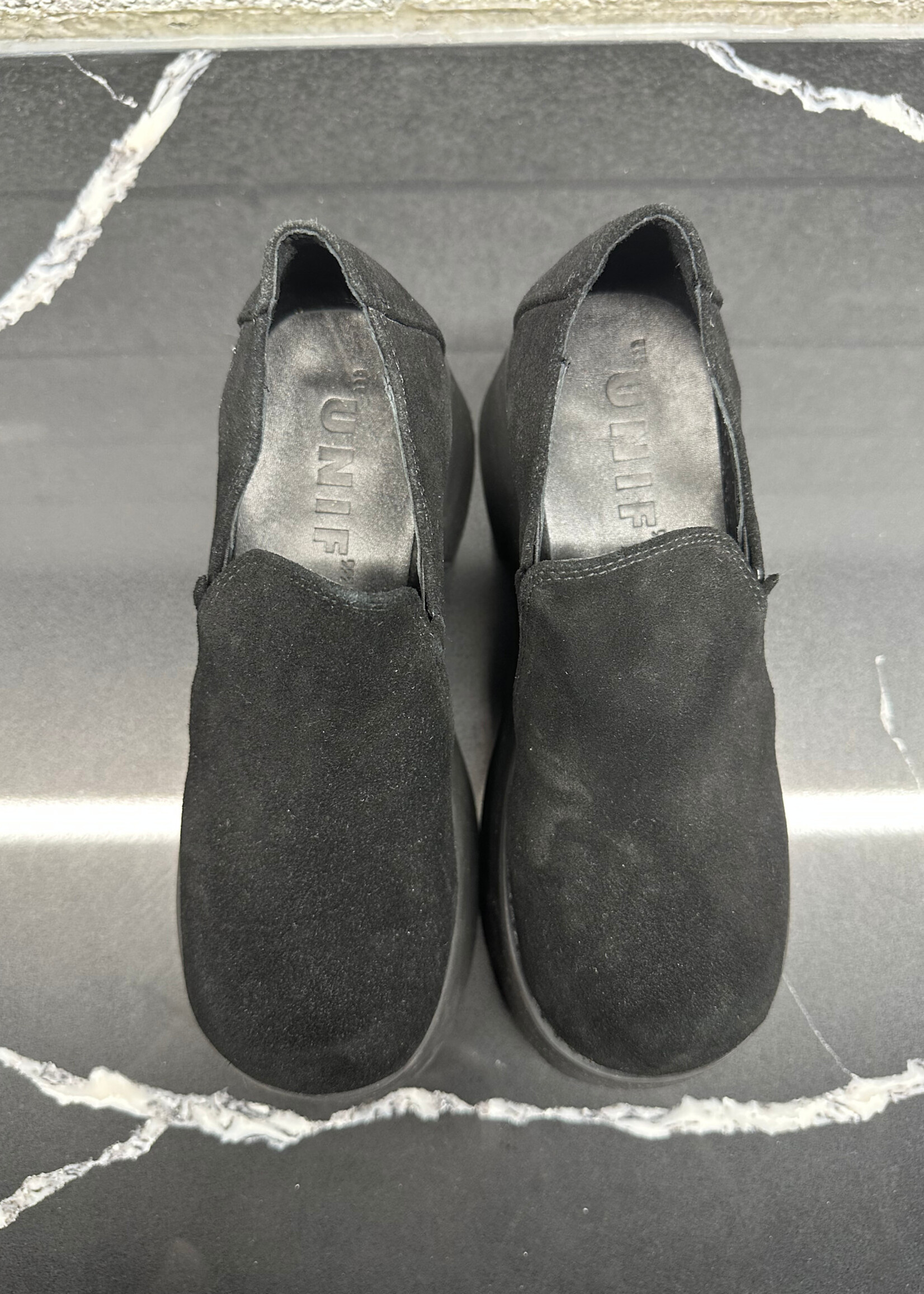 Unif Black Suede Platform Clogs 6