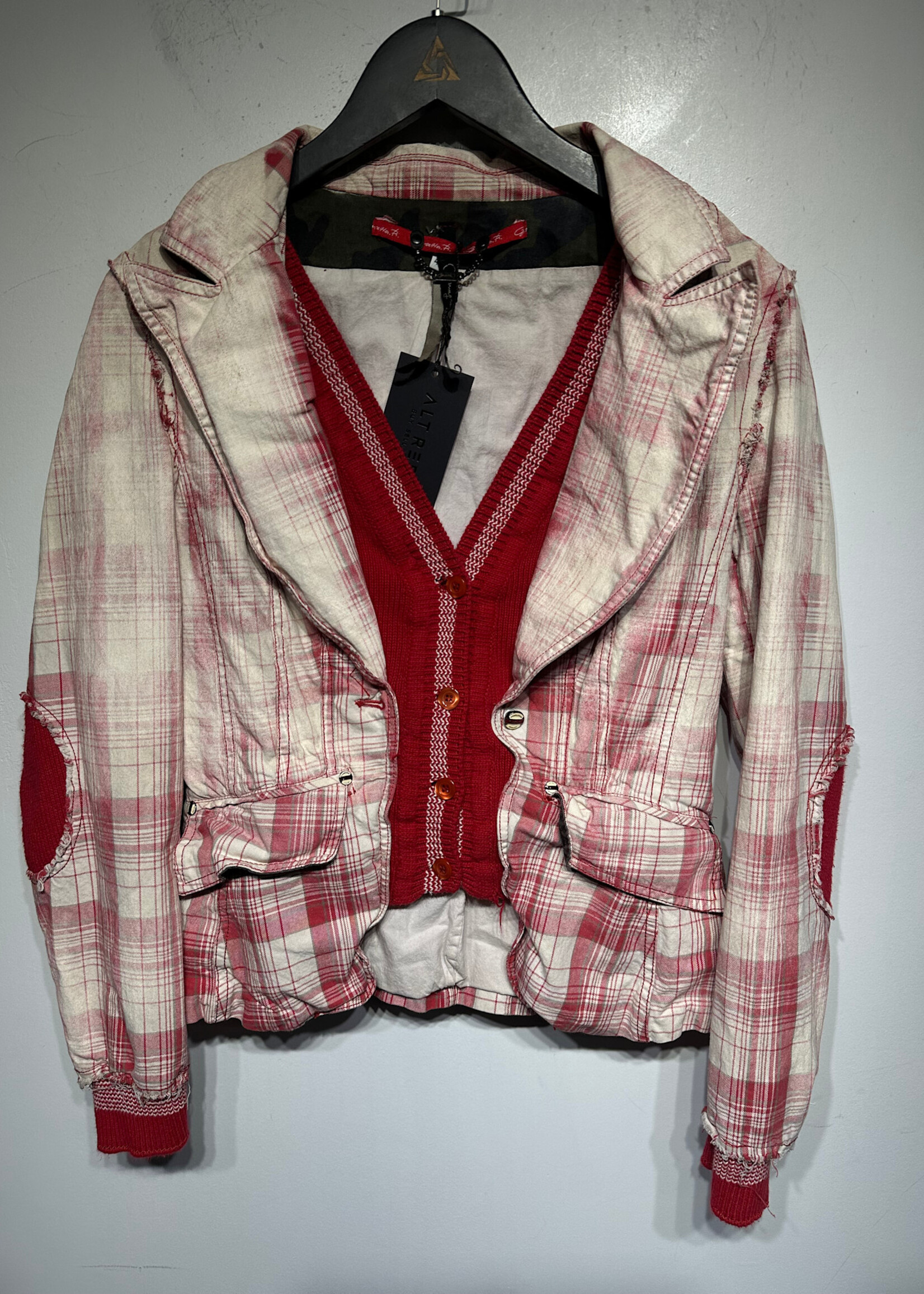 Maria Grazia Red Plaid & Knit Distressed Blazer L
