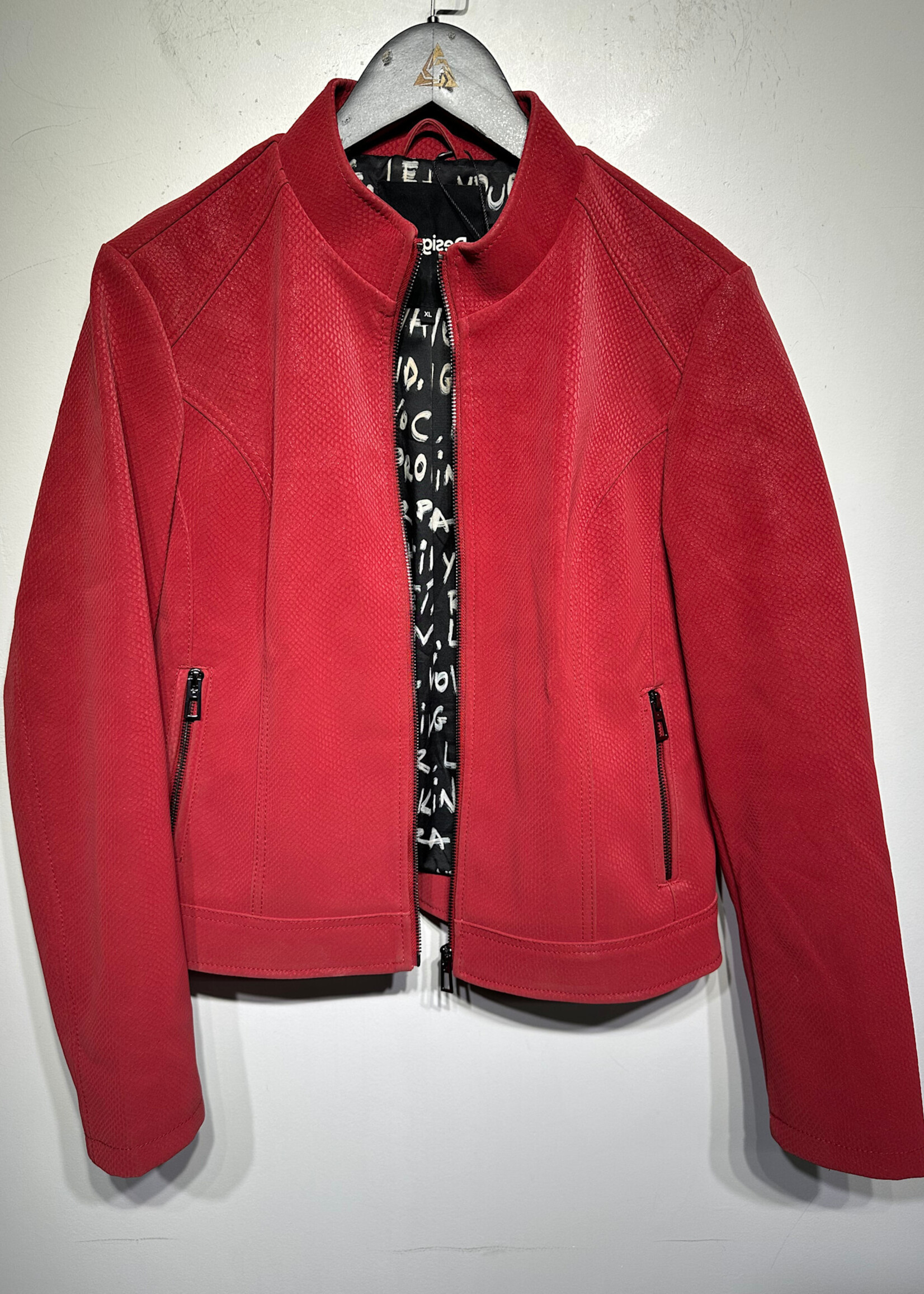 Desigual Red Leather Zip Jacket Fem XL