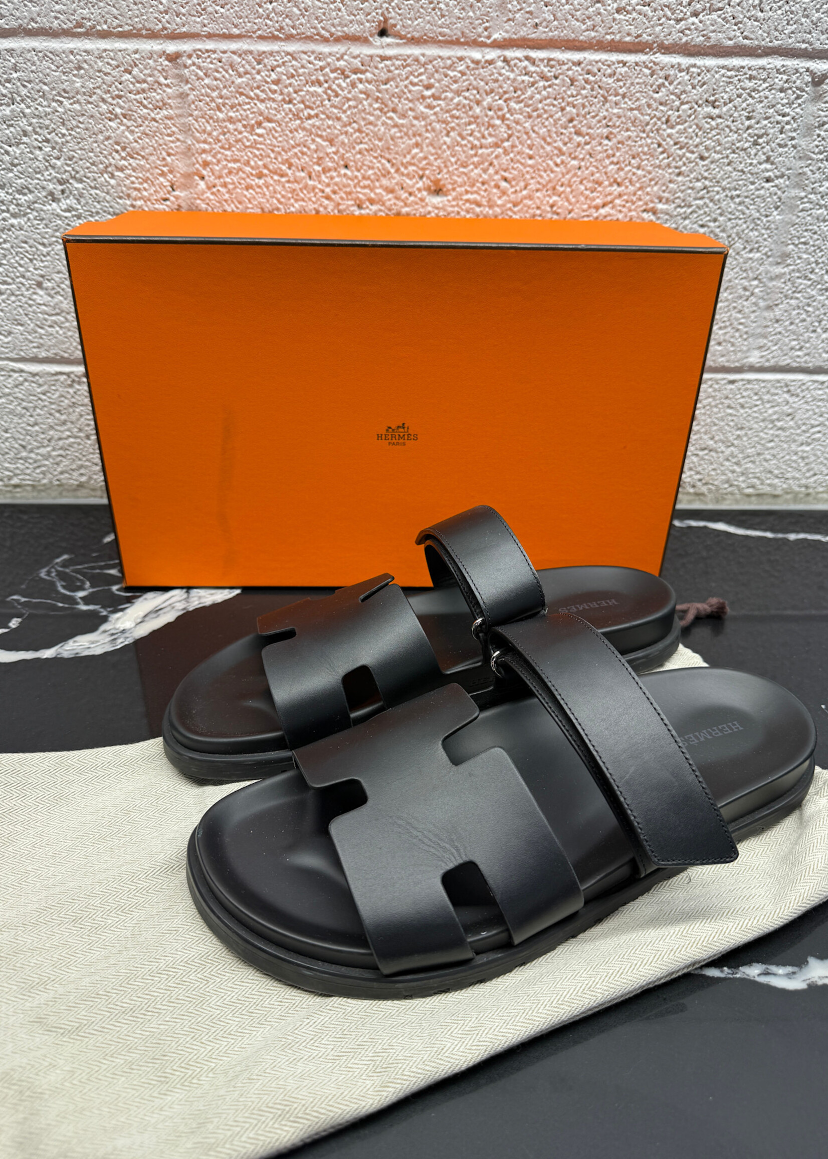Hermes Chypre Black Leather Sandal 43/10
