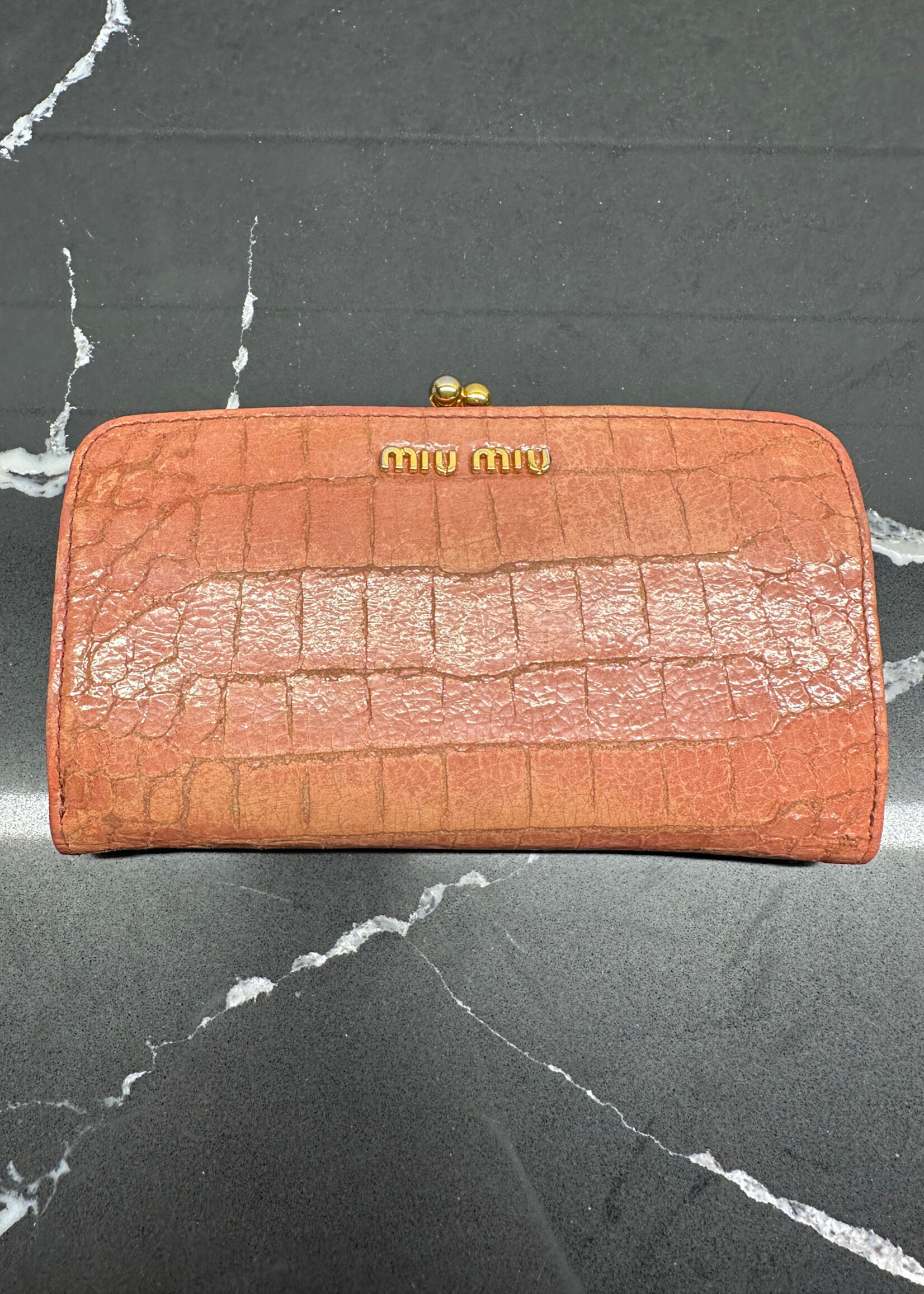Miu Miu Pink Croc Kiss Lock Wallet