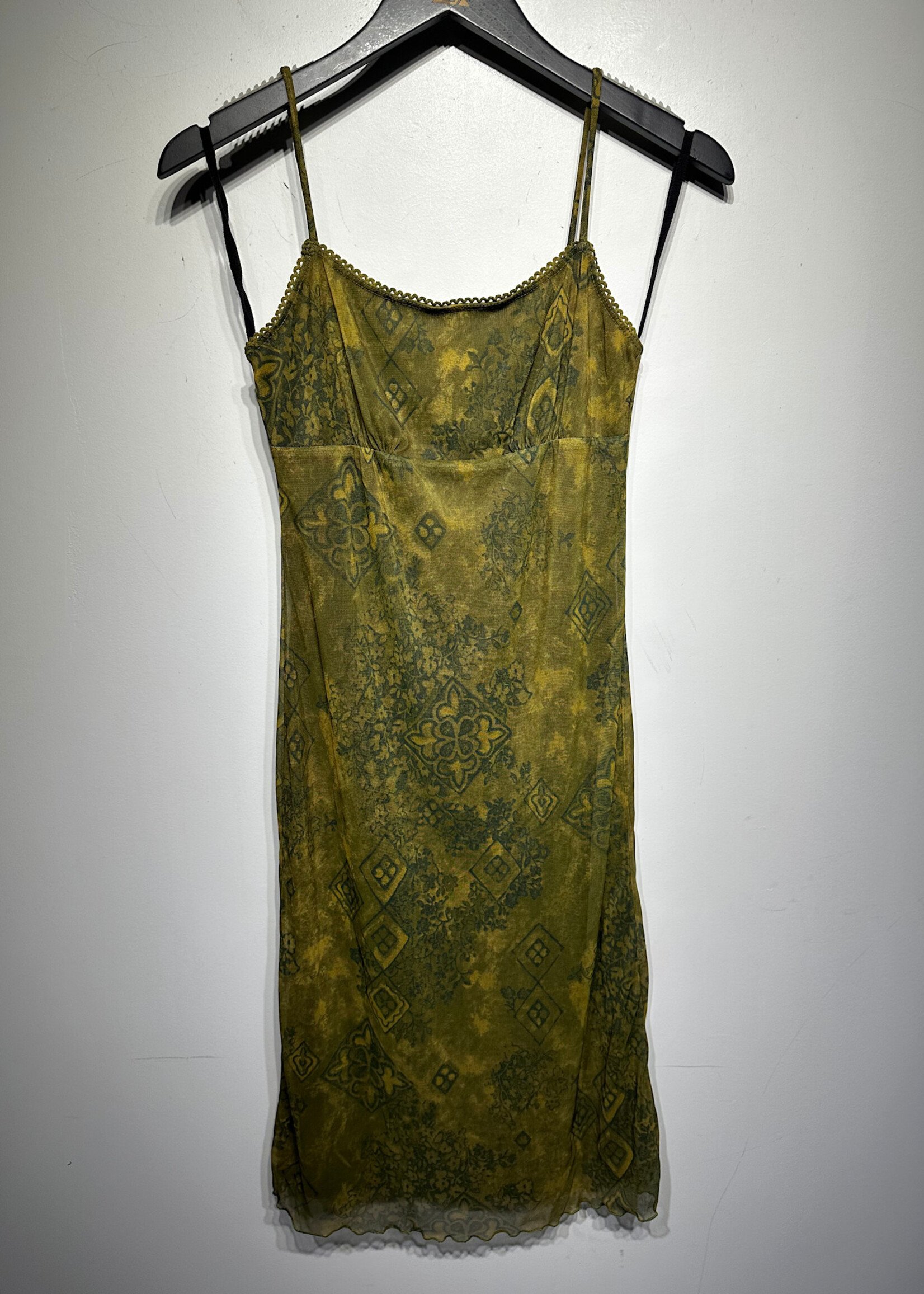 Xi 2000s Green Lace Print Dress M