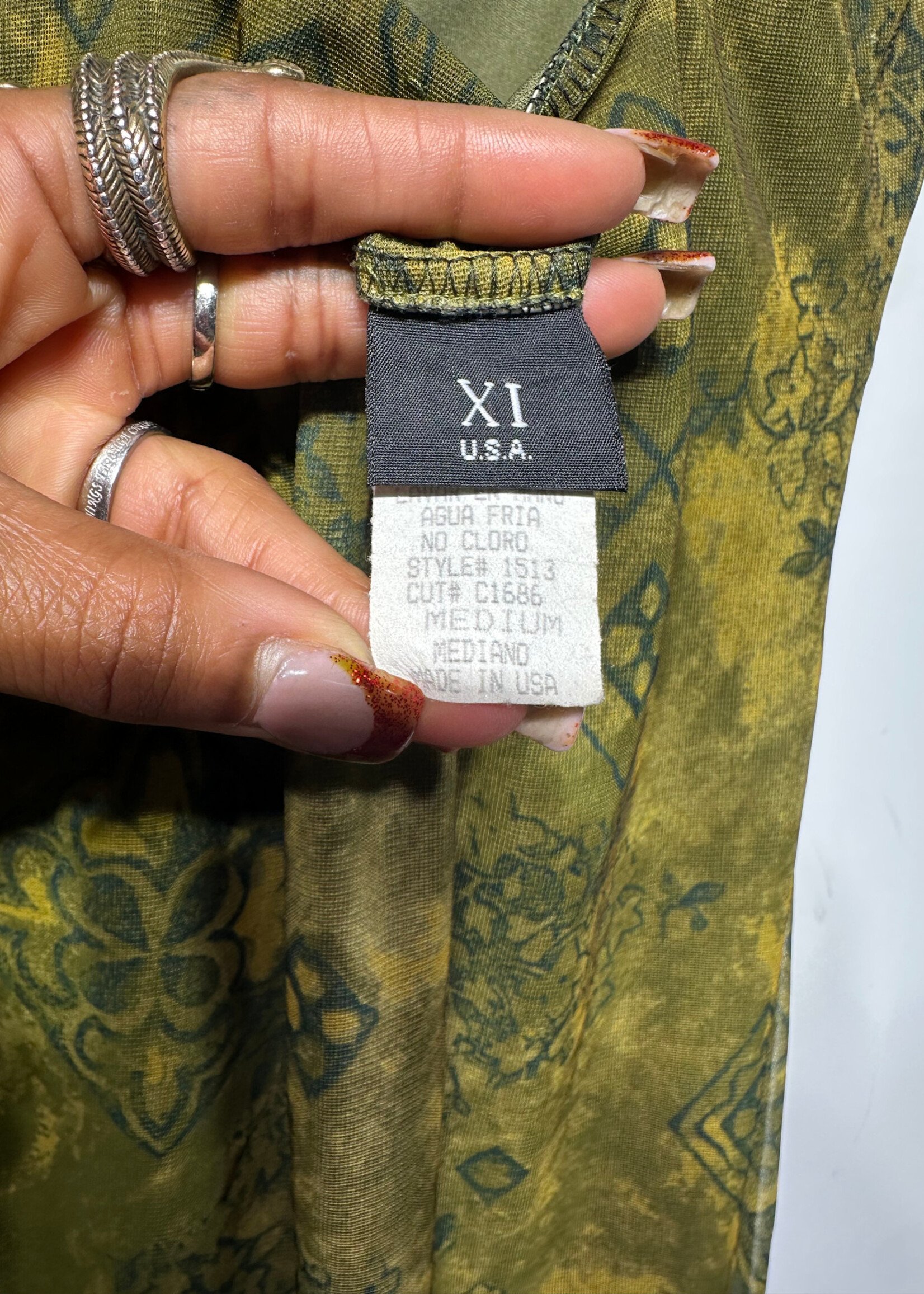 Xi 2000s Green Lace Print Dress M