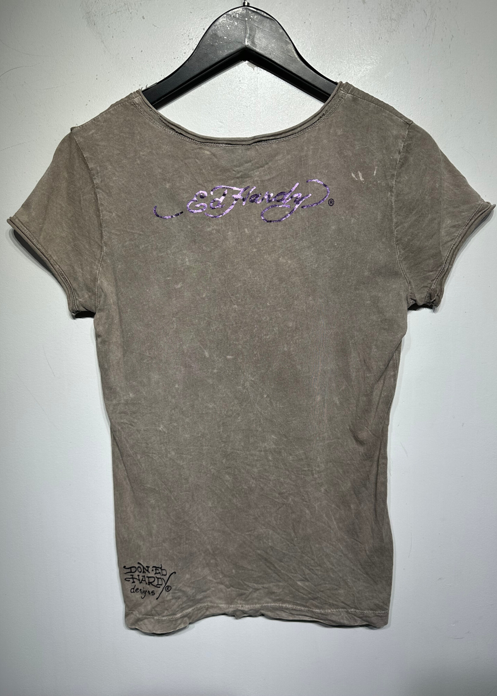 Ed Hardy Grey Purple Mockingbird V Neck Tee Fem L