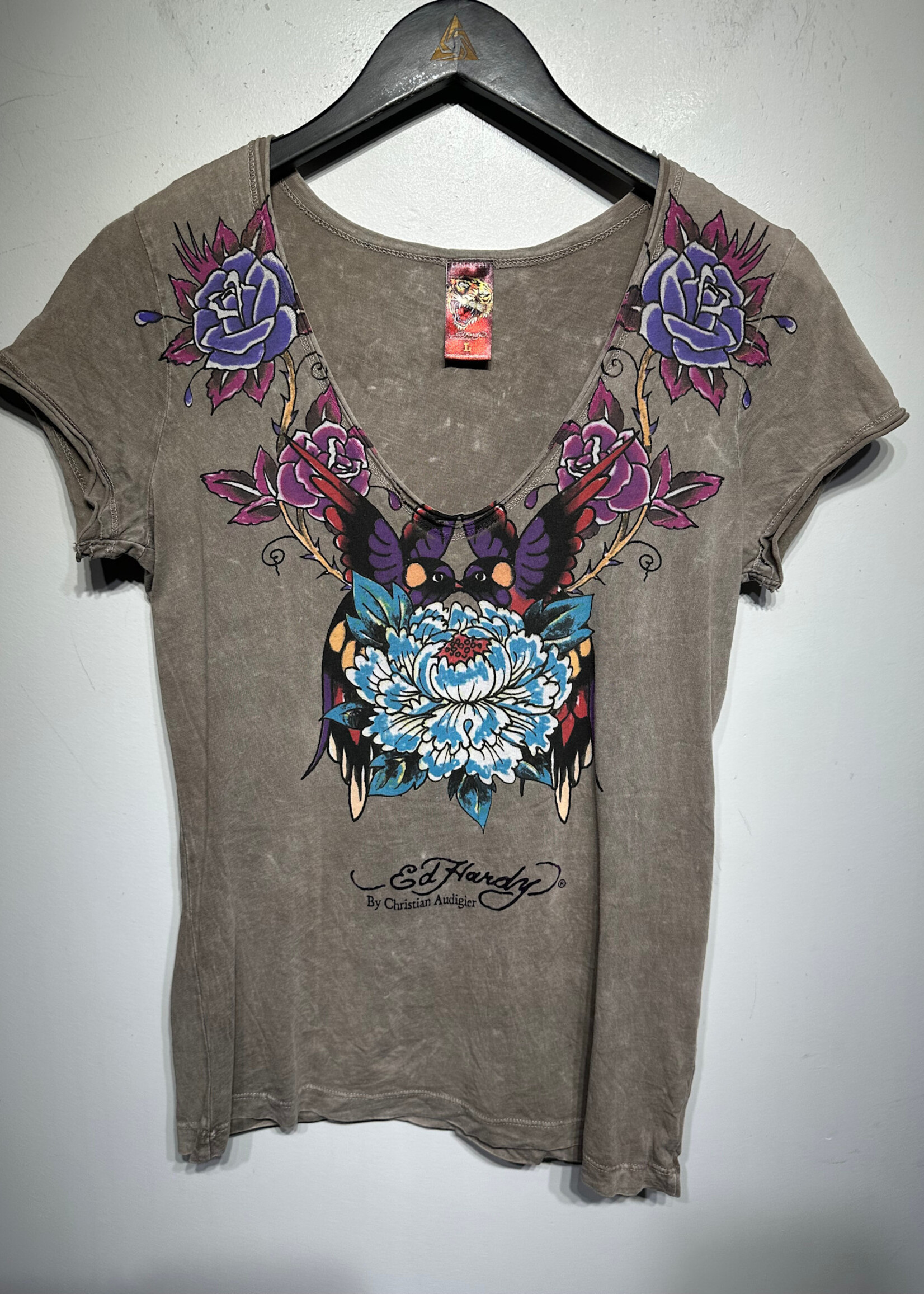 Ed Hardy Grey Purple Mockingbird V Neck Tee Fem L
