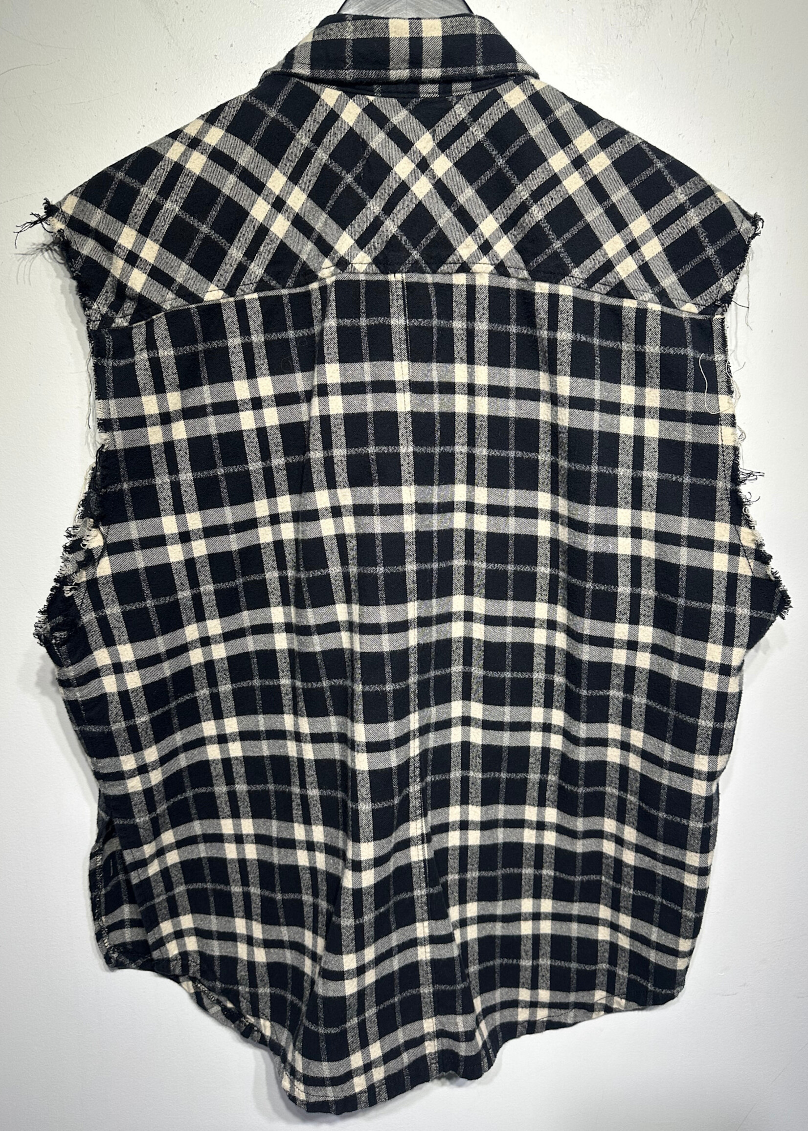 FOG Dark Blue Plaid Distressed Sleevless Flannel XL