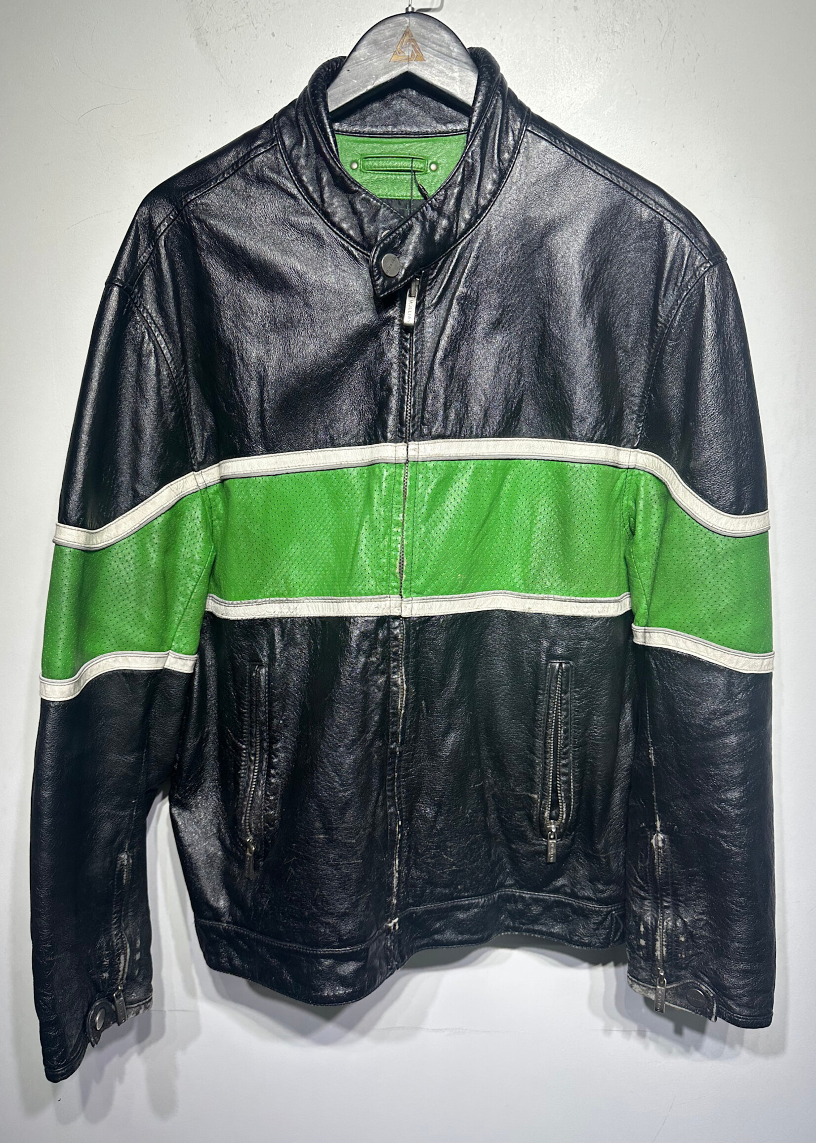 Wilsons Distressed Green Black Leather Jacket L