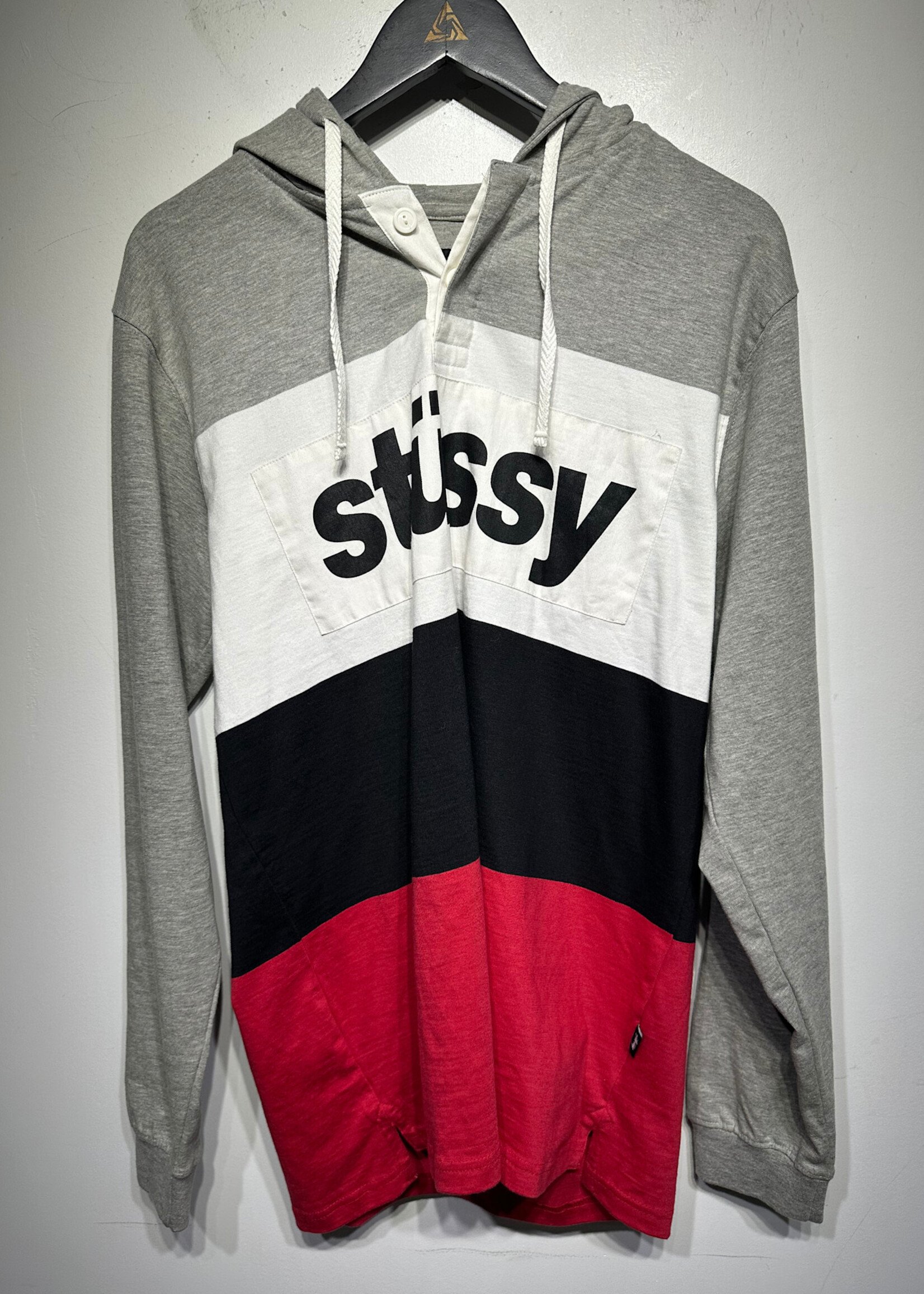 Stussy Grey and Red Color Block Hoodie NWT L