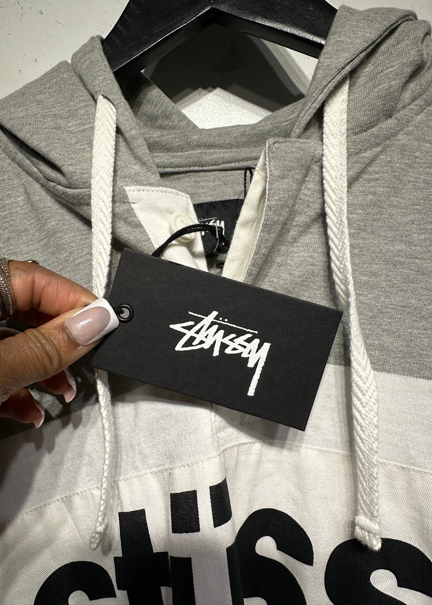 Stussy Grey and Red Color Block Hoodie NWT L