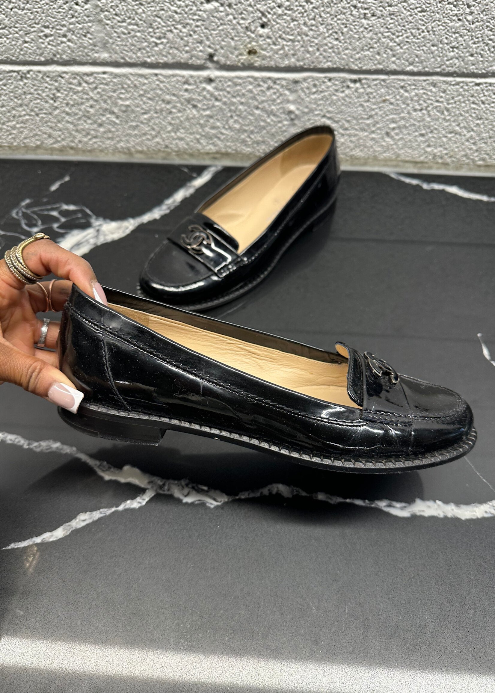 Chanel Black Patent CC Loafer 39/8.5