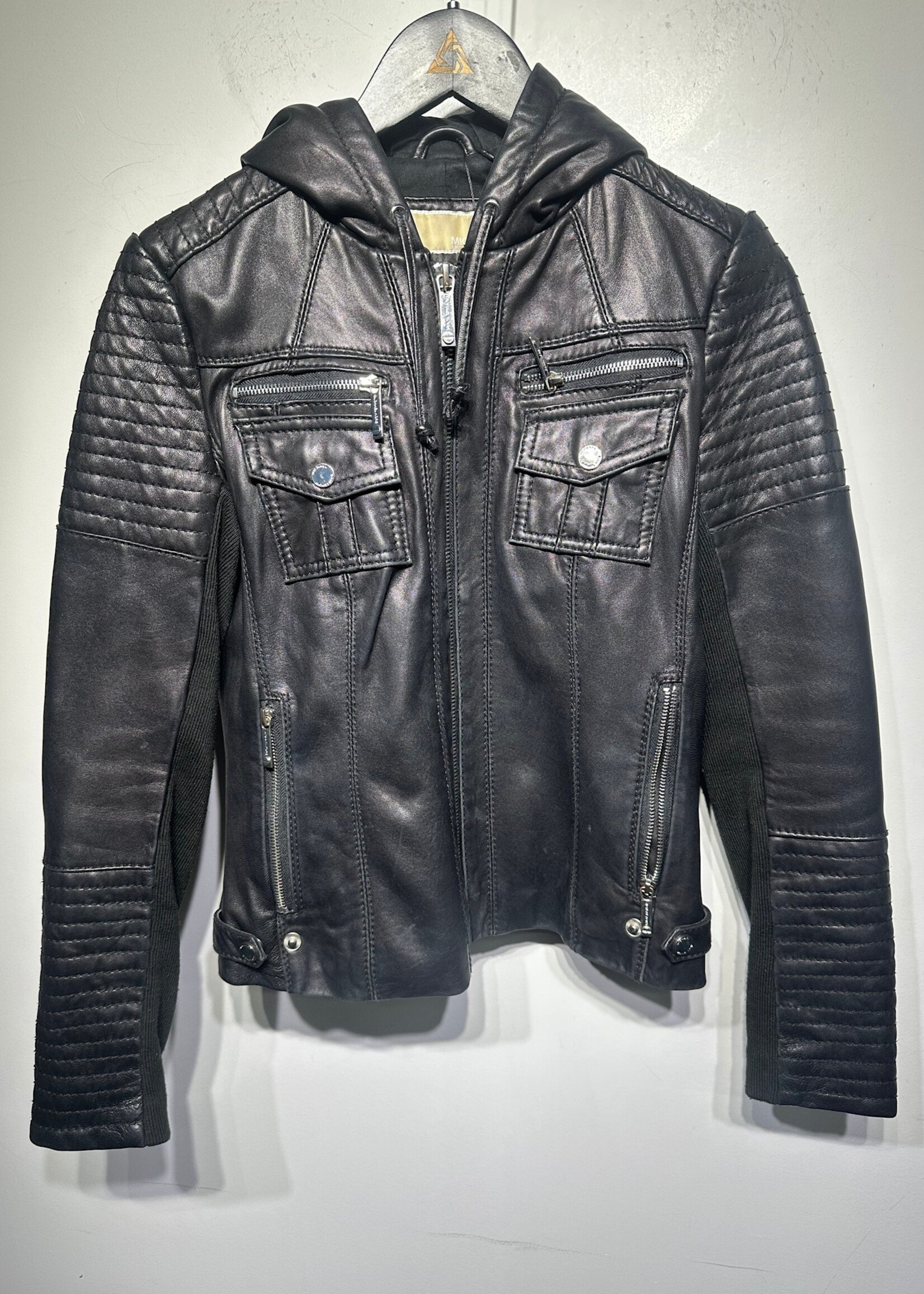Michael Kors Hooded Café Racer Leather Jacket S