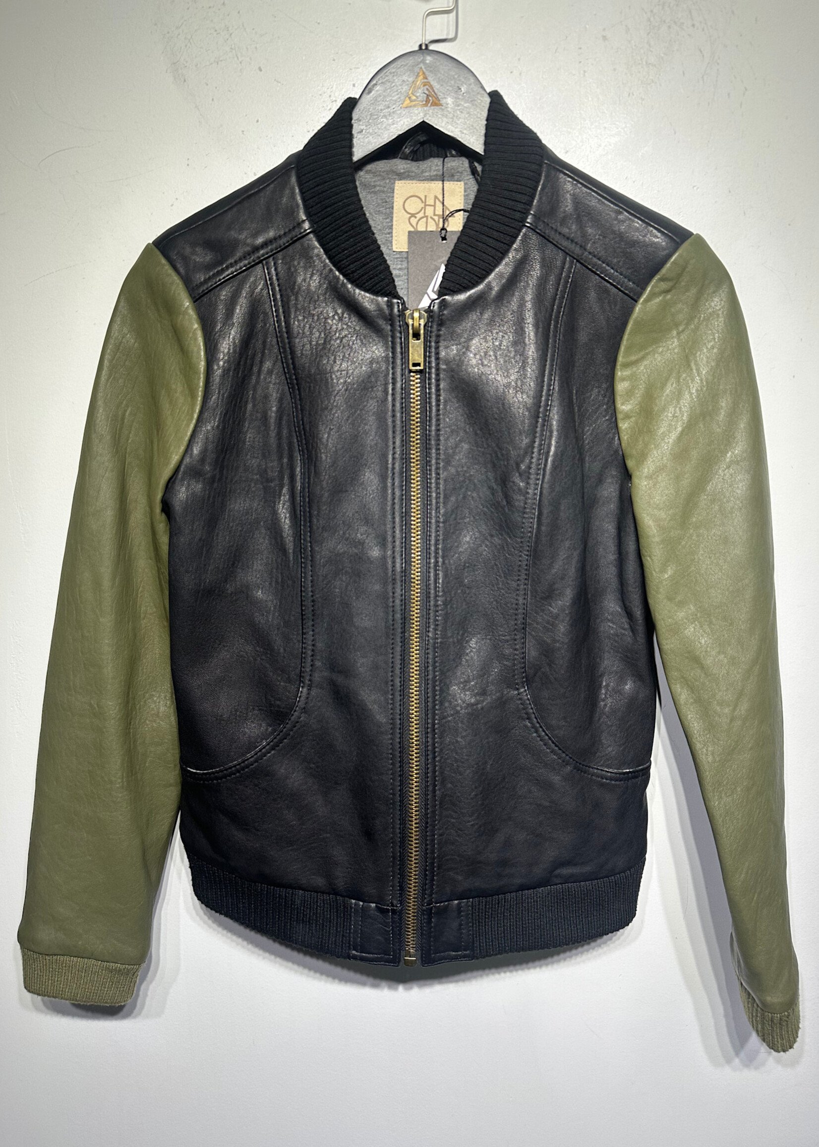 Chasor Green Black Leather Bomber Jacket XS