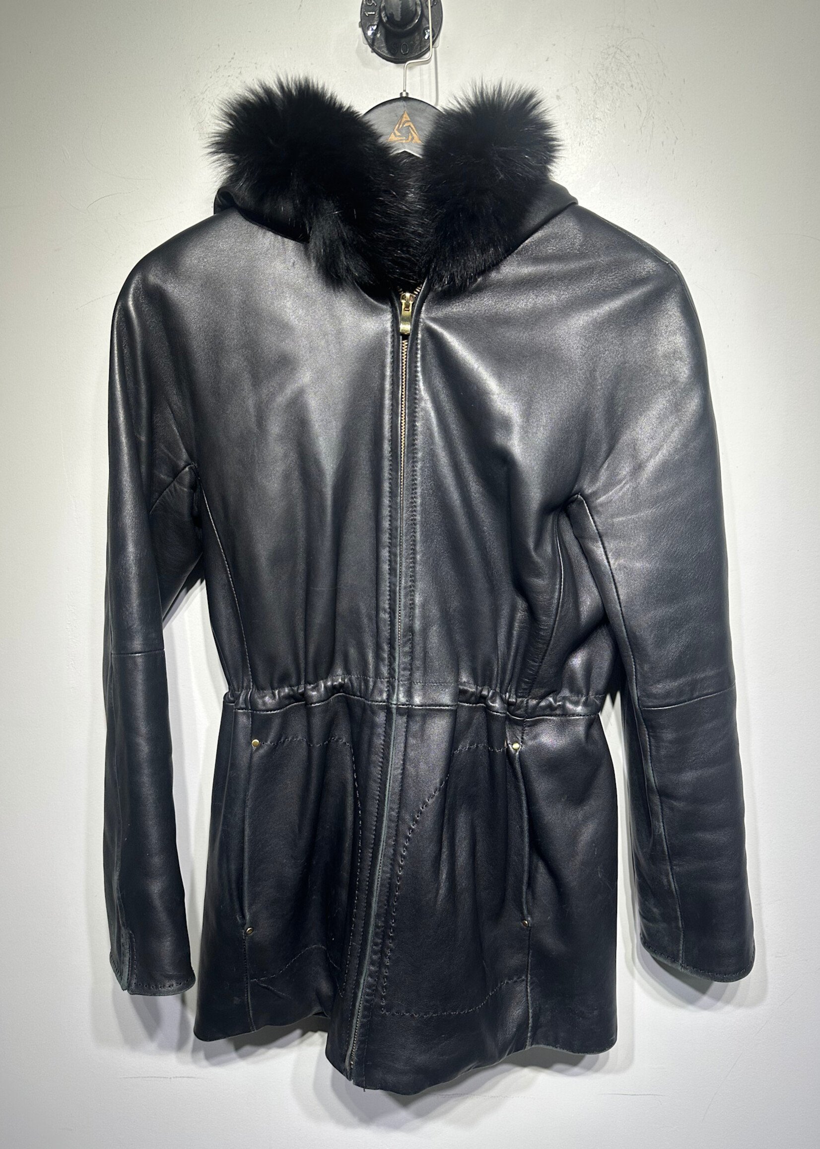 Ellen Tracy Black Fur Collar Leather Jacket XS AS IS