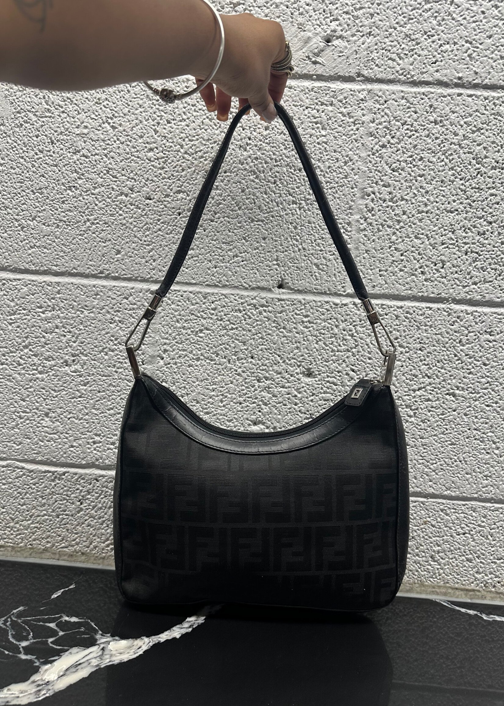 Fendi Vintage Black Zucca Shoulder Bag AS IS
