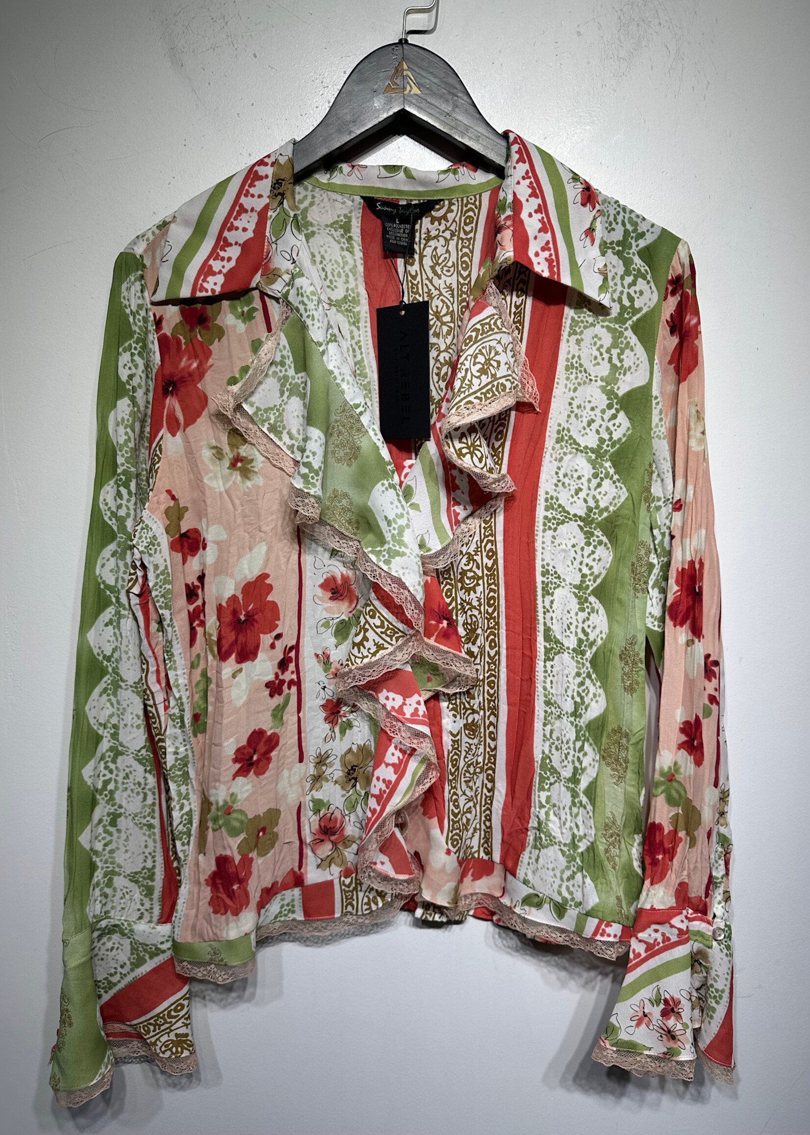 Sunny Taylor Pink and Green Ruffle Blouse L