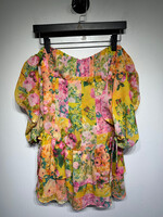 For Love & Lemons Yellow Pink Floral Dress S