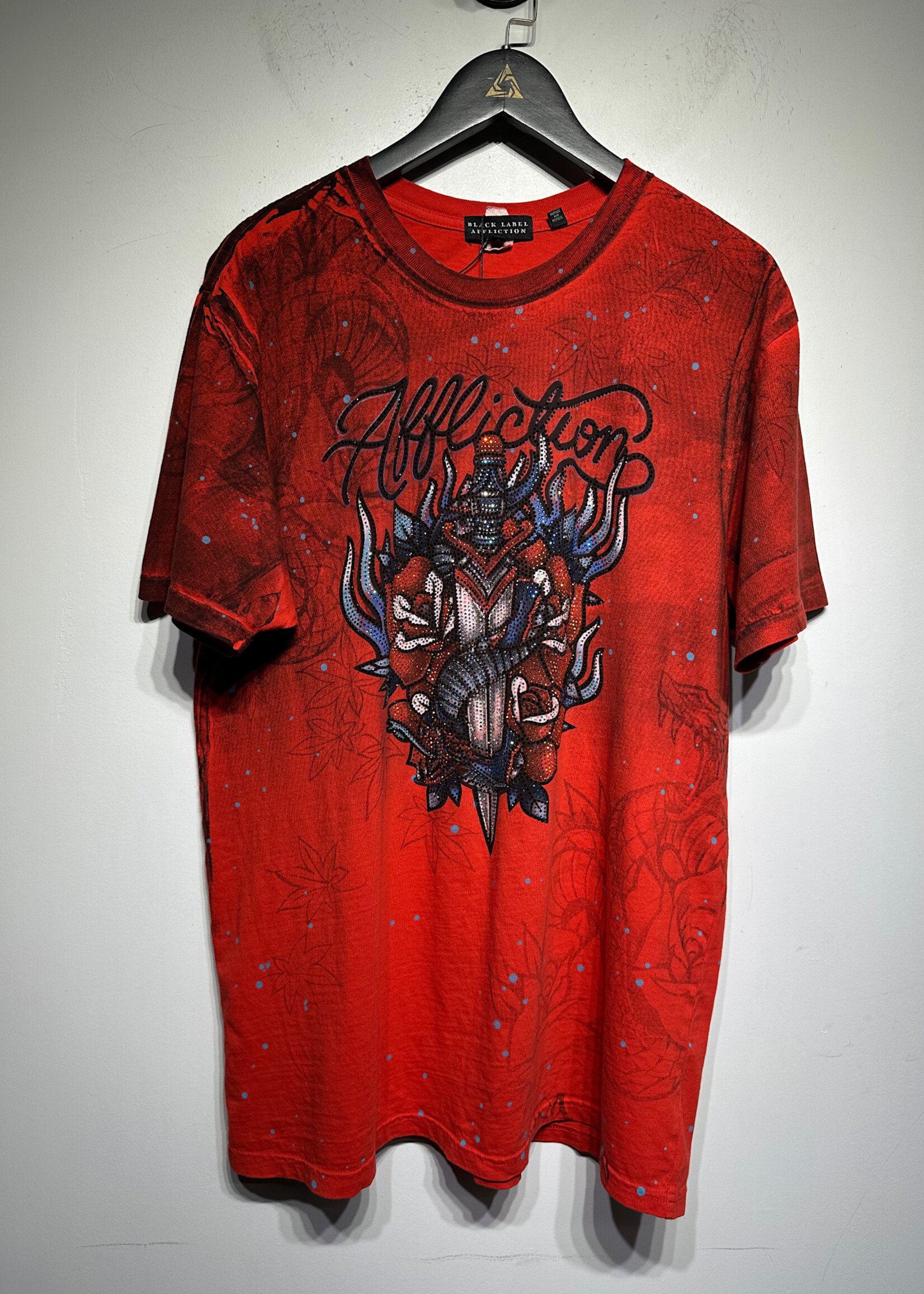 Affliction Red Heart Tribal Jewel Rhinestone Tee L