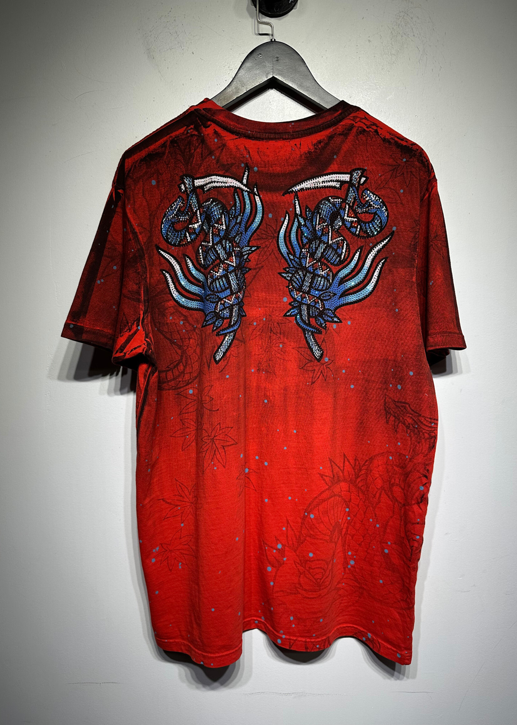 Affliction Red Heart Tribal Jewel Rhinestone Tee L