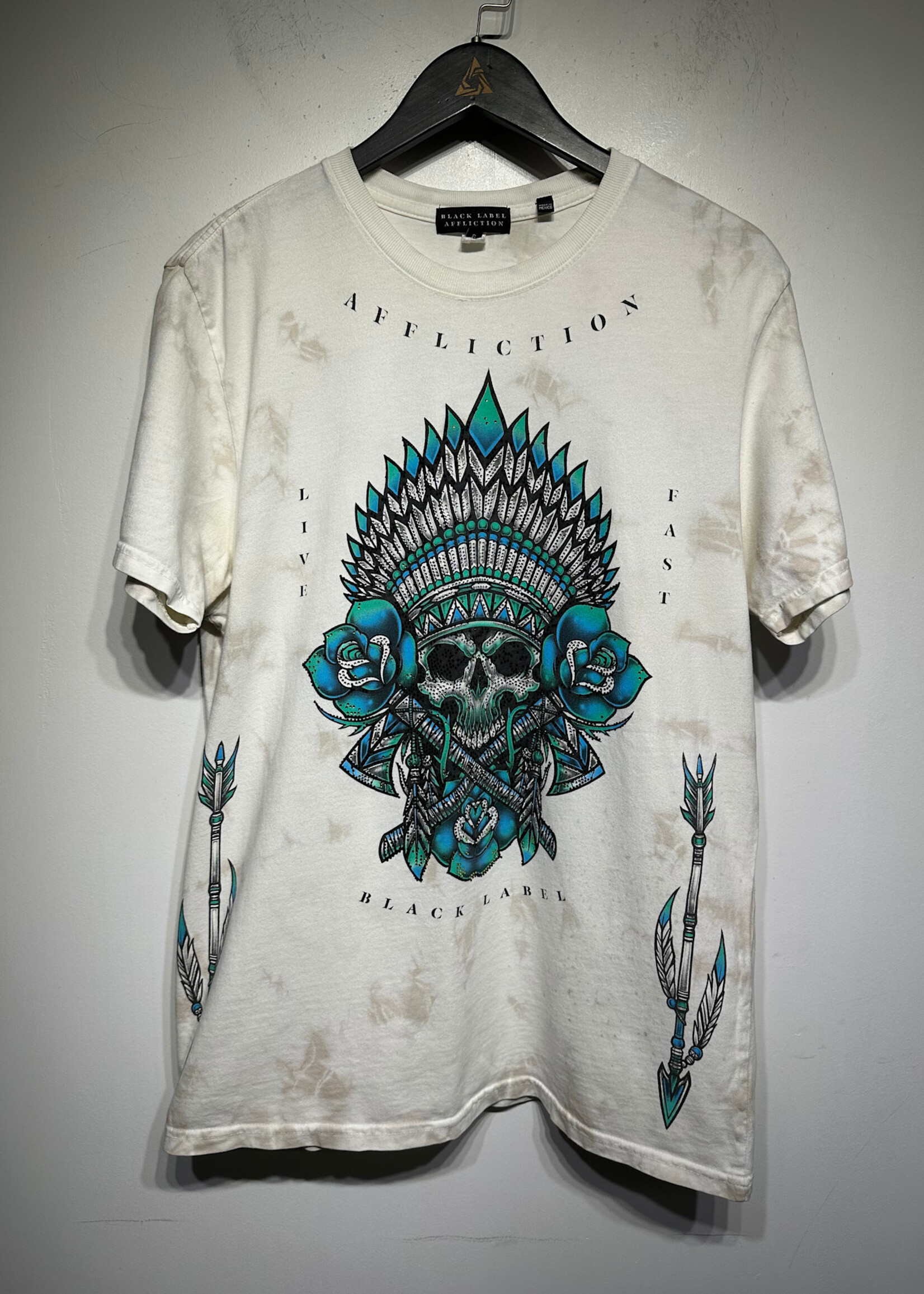 Affliction White Skull Tribal Jewel Rhinestone Tee L