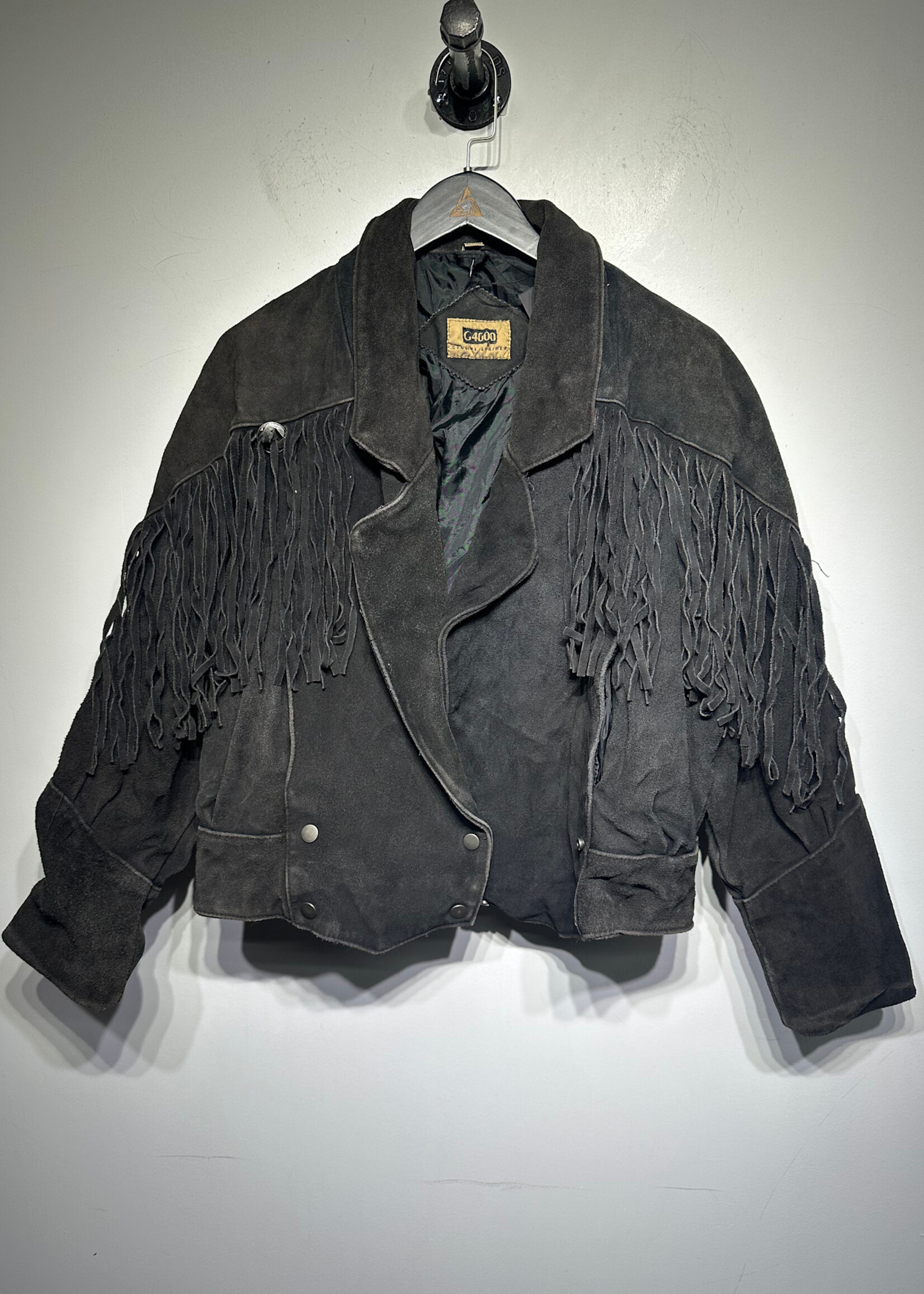 G4000 Black Rough Suede Fringe Jacket Fem L