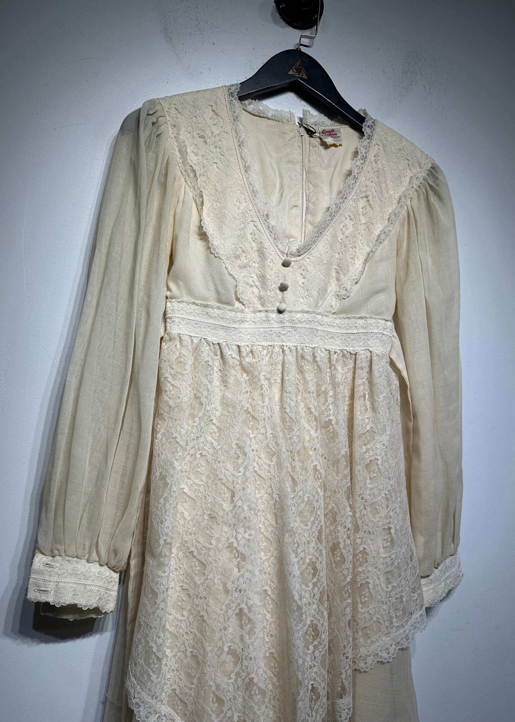 Candi Jones Vintage Beige Lace Trim LS Dress S AS IS