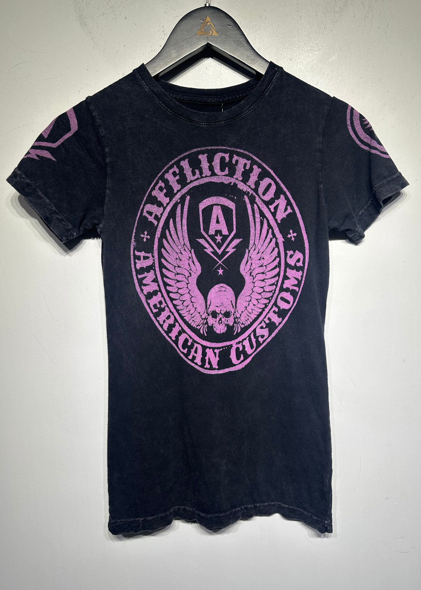 Affliction American Custom Pink Black Tee Fem S