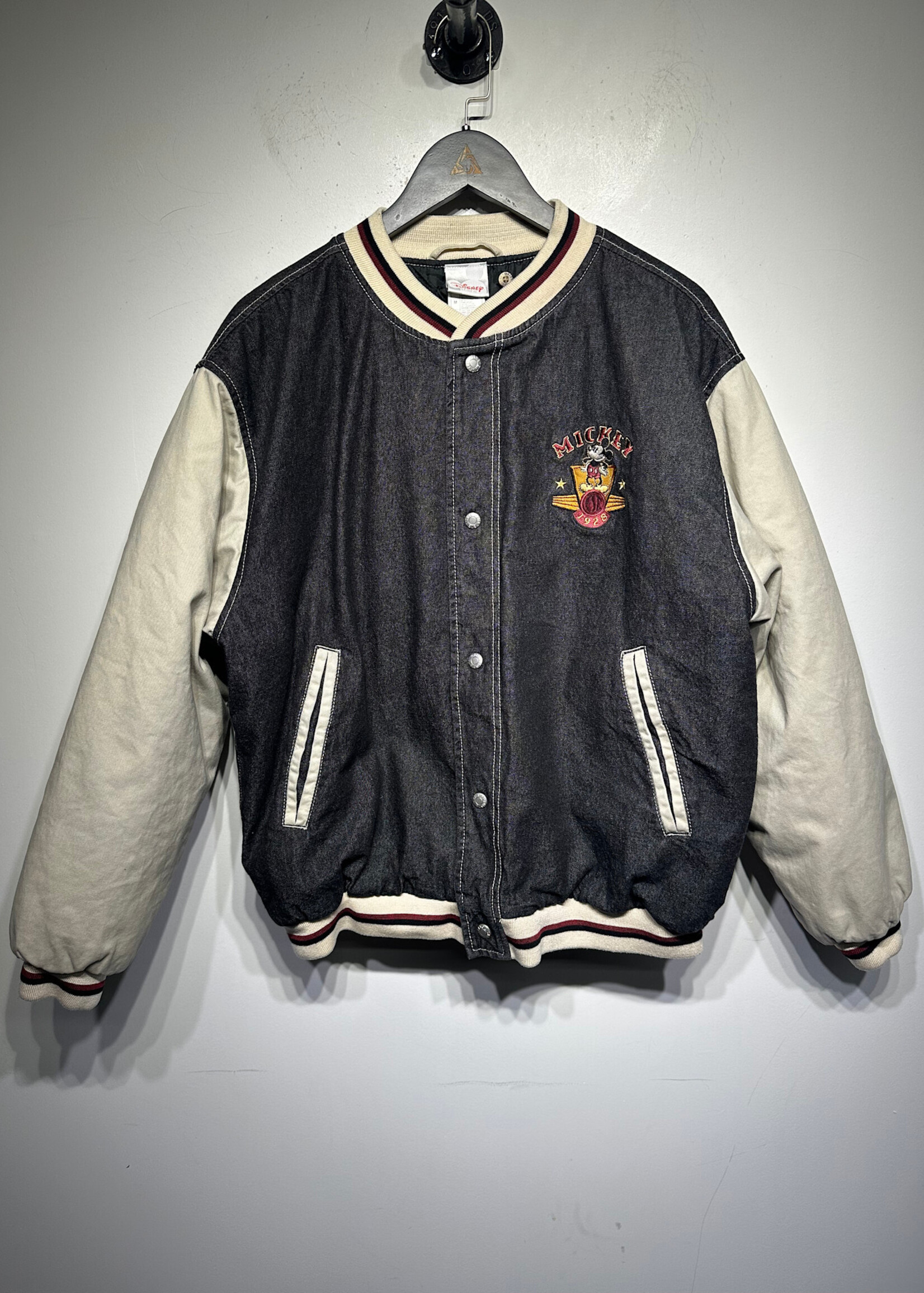 Disney Vtg Mickey Black Denim Bomber Jacket Masc M