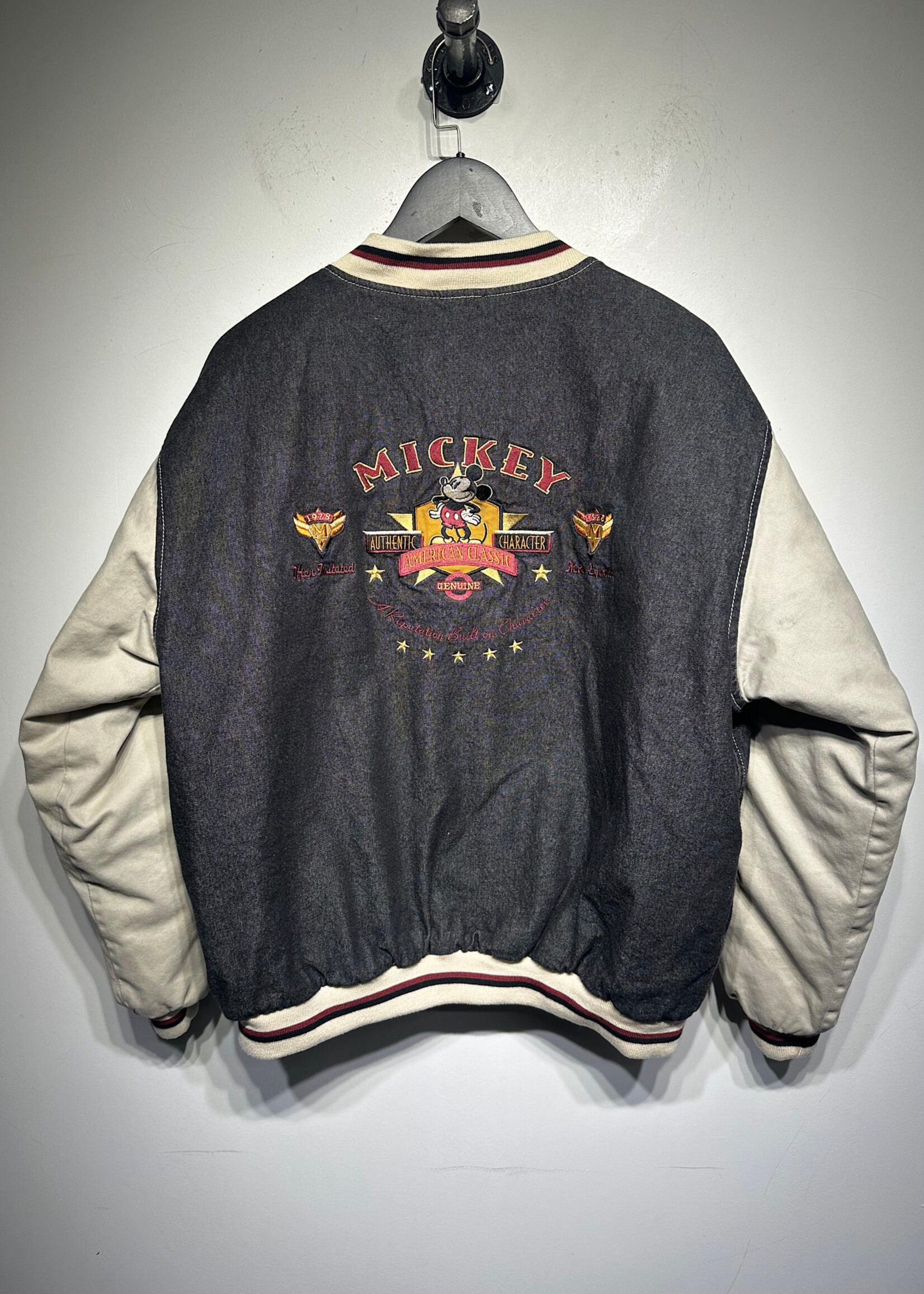 Disney Vtg Mickey Black Denim Bomber Jacket Masc M