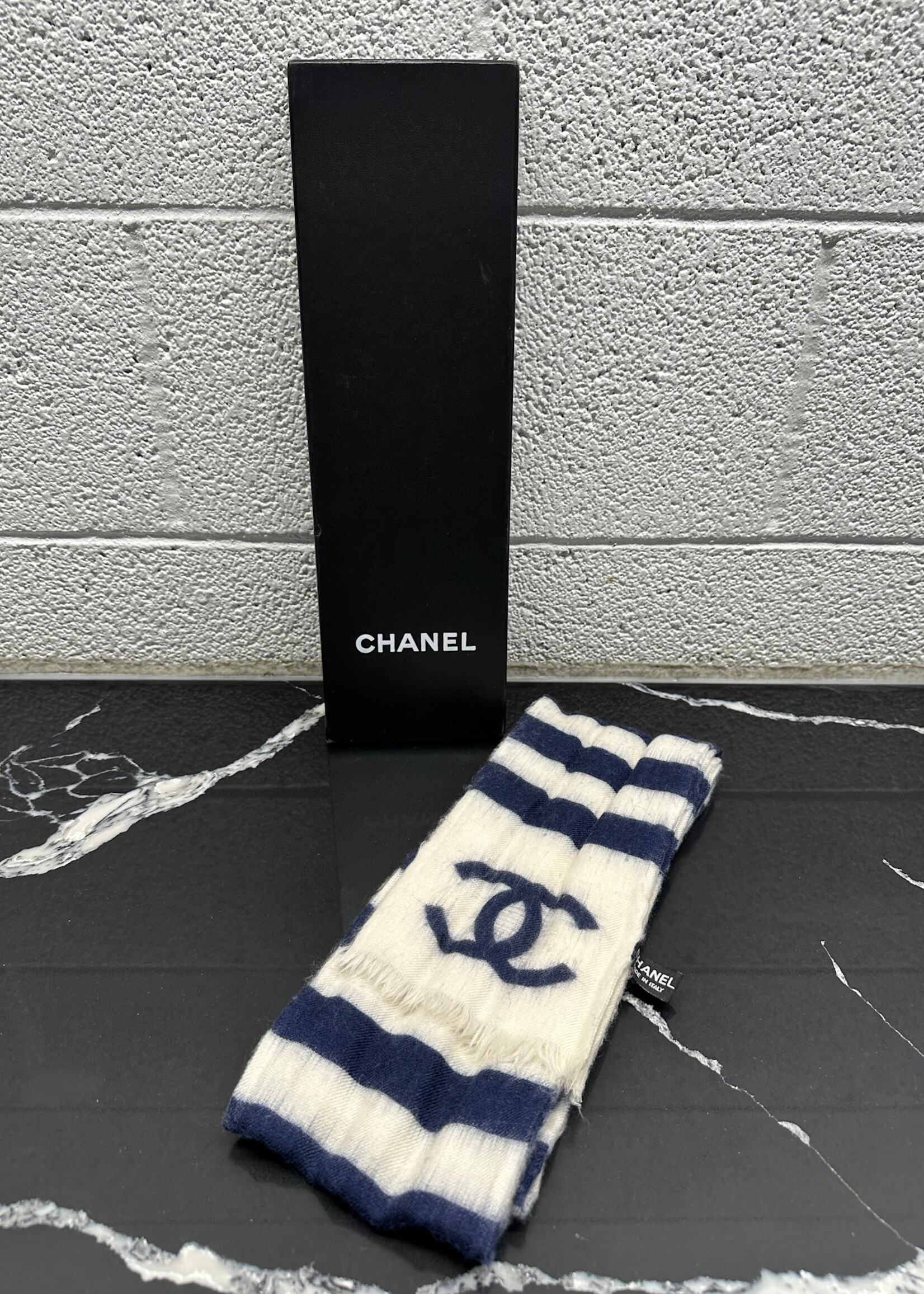 Chanel White Blue Cashmere Scarf