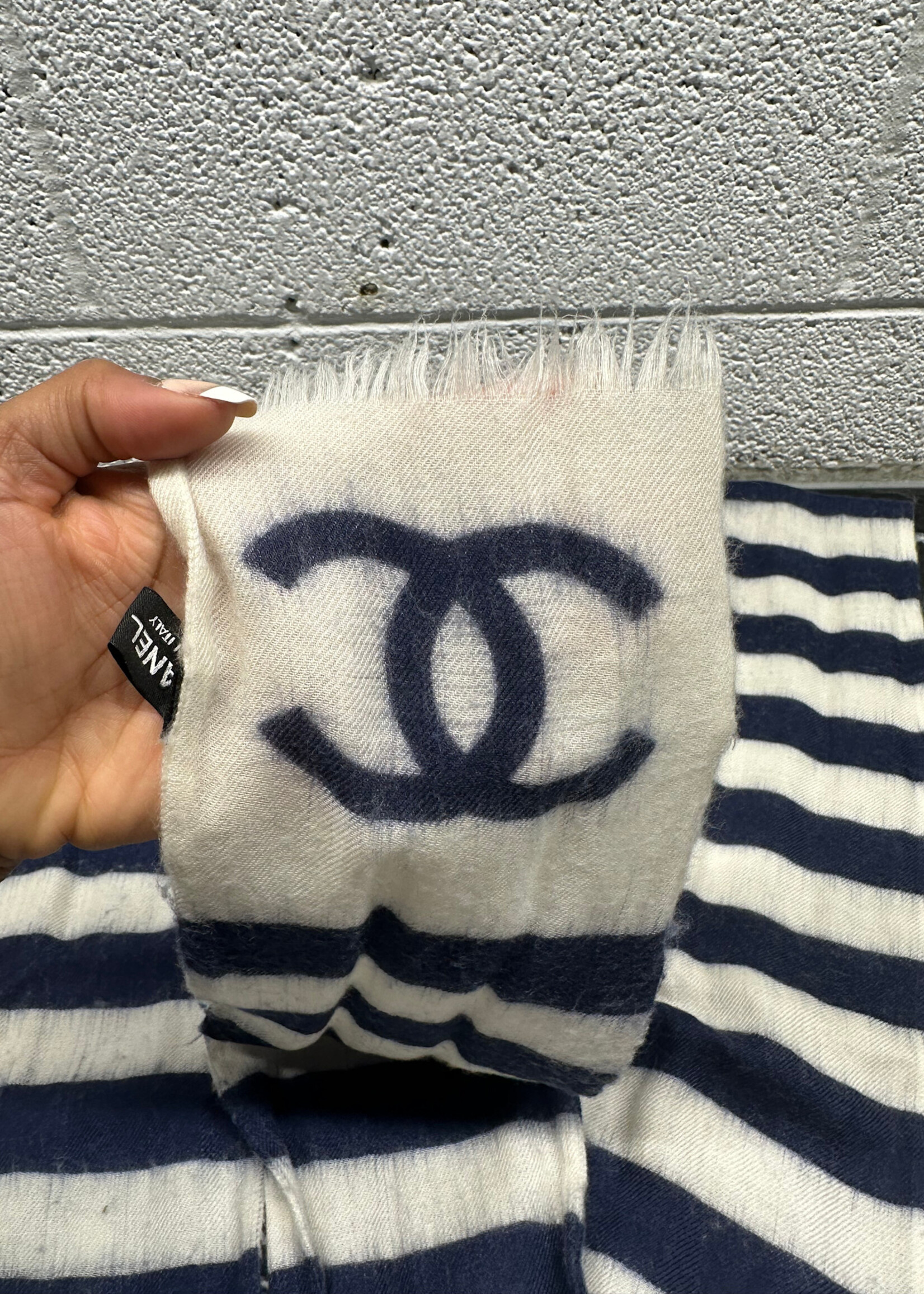 Chanel White Blue Cashmere Scarf