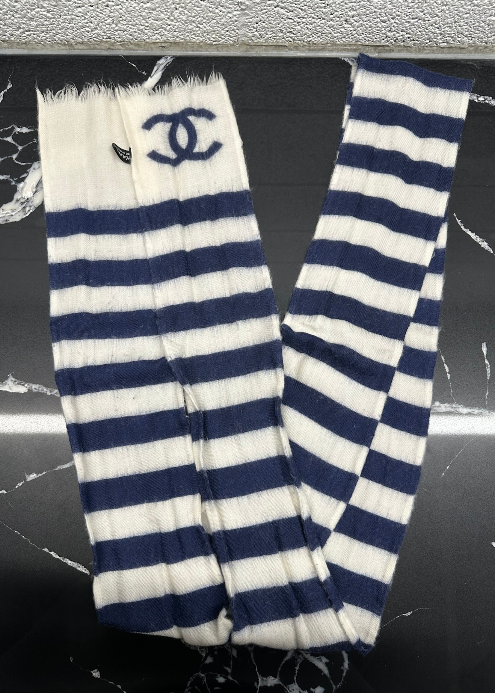 Chanel White Blue Cashmere Scarf