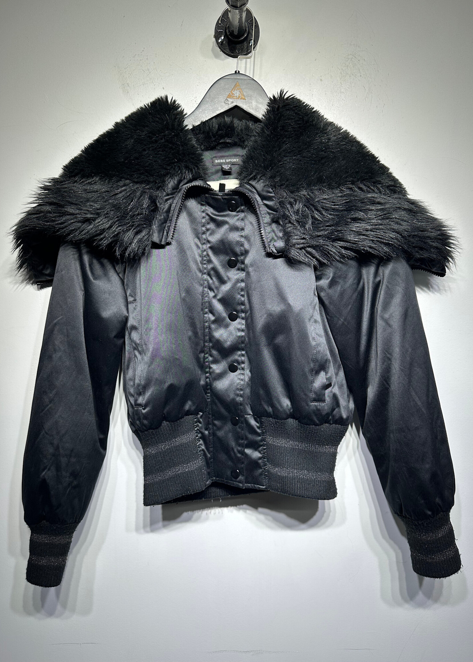 Bebe Sport Y2K Black Faux Fur Hood Jacket M