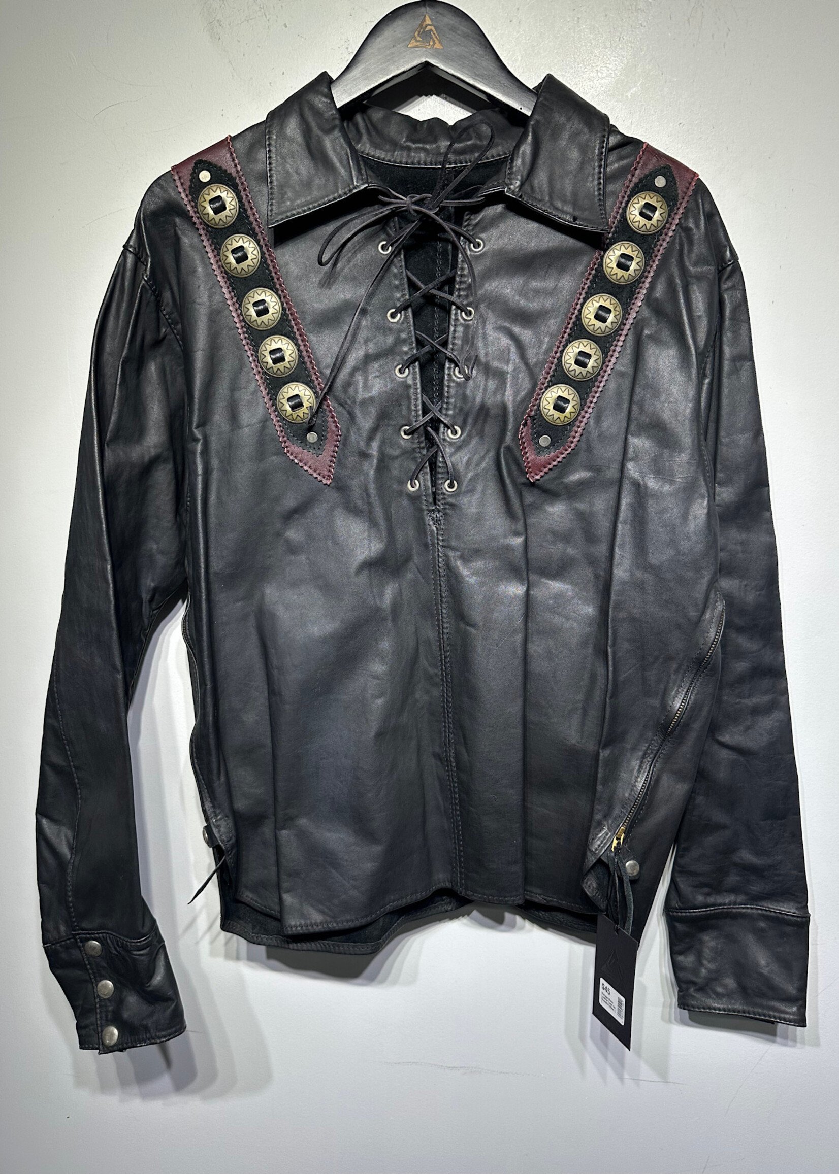 Vintage Black Leather Lace Up Overshirt Masc L