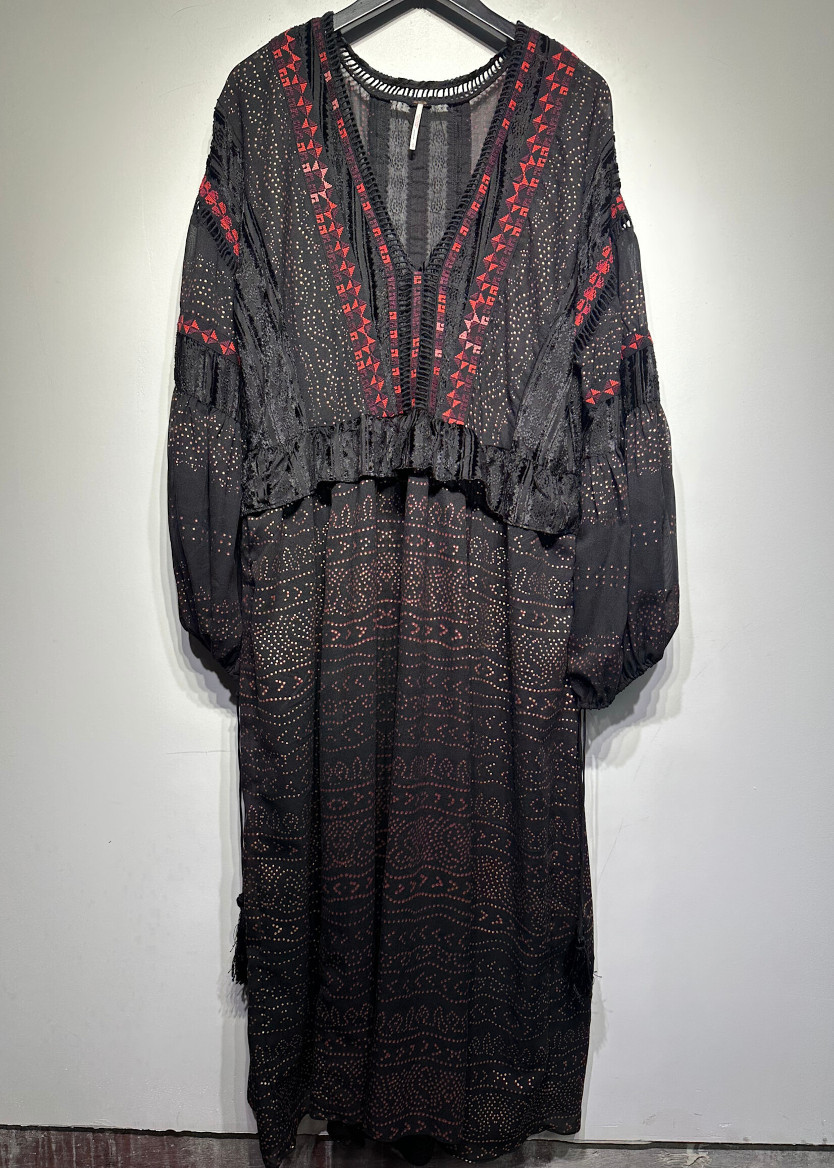 Free People Black LS Peplum Bohemian Dress L