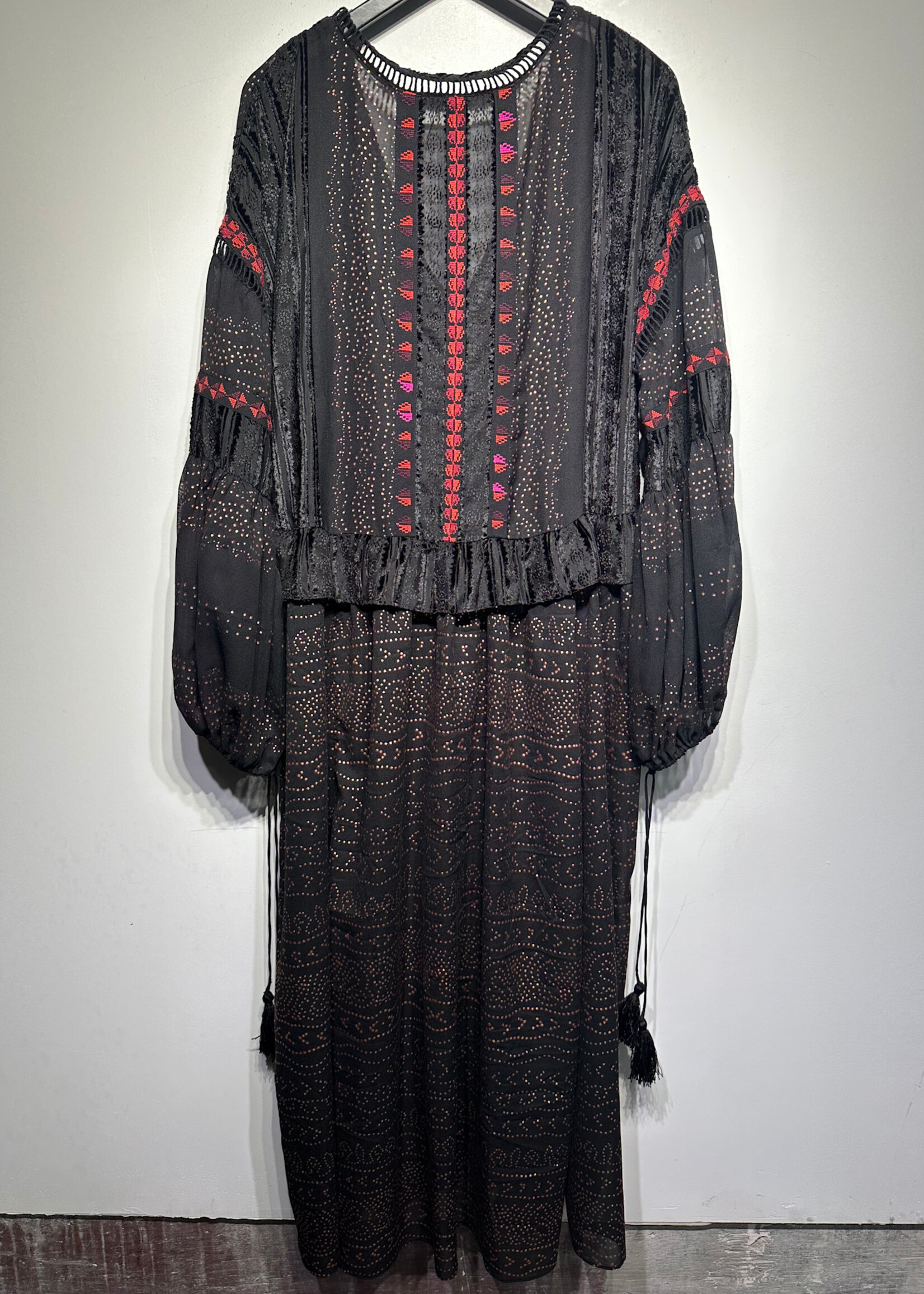 Free People Black LS Peplum Bohemian Dress L