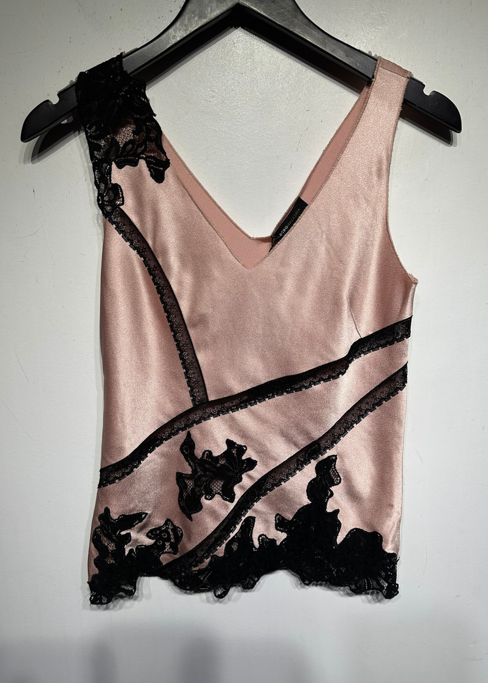 BCBG PINK/BLACK LACE TRIM TOP FITS S