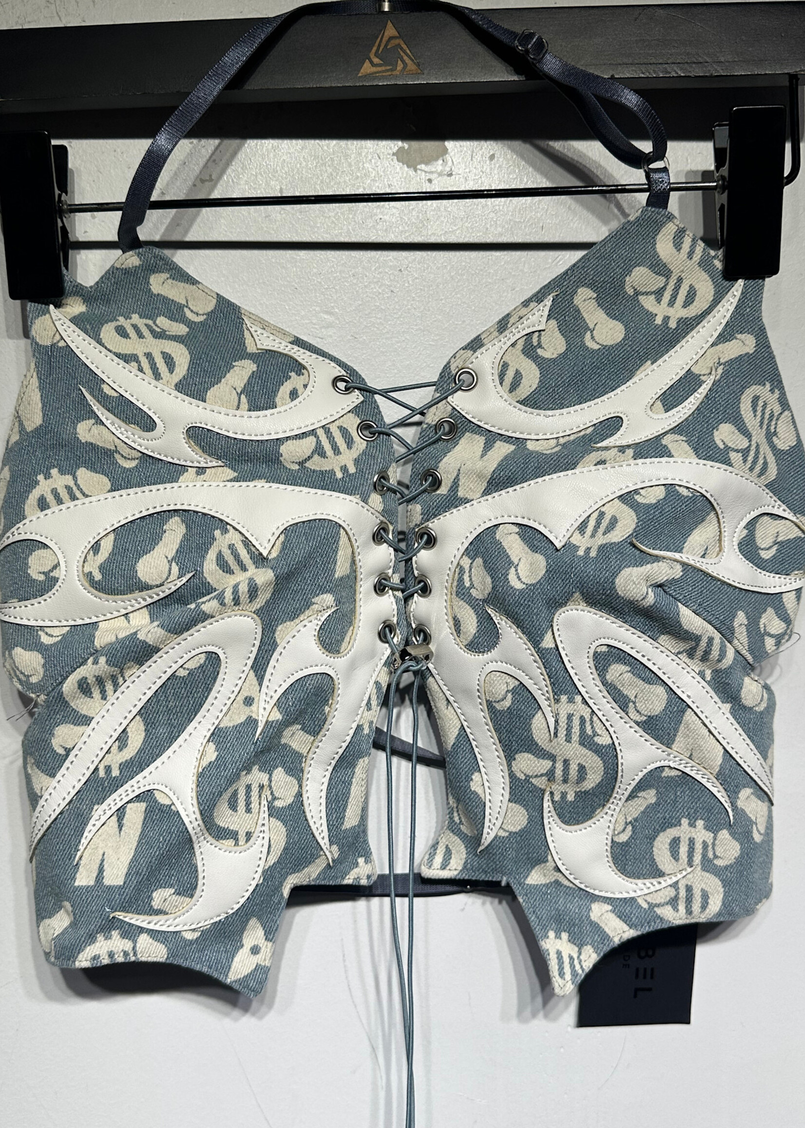 Namilia Denim Faux Leather Lace Up Top M