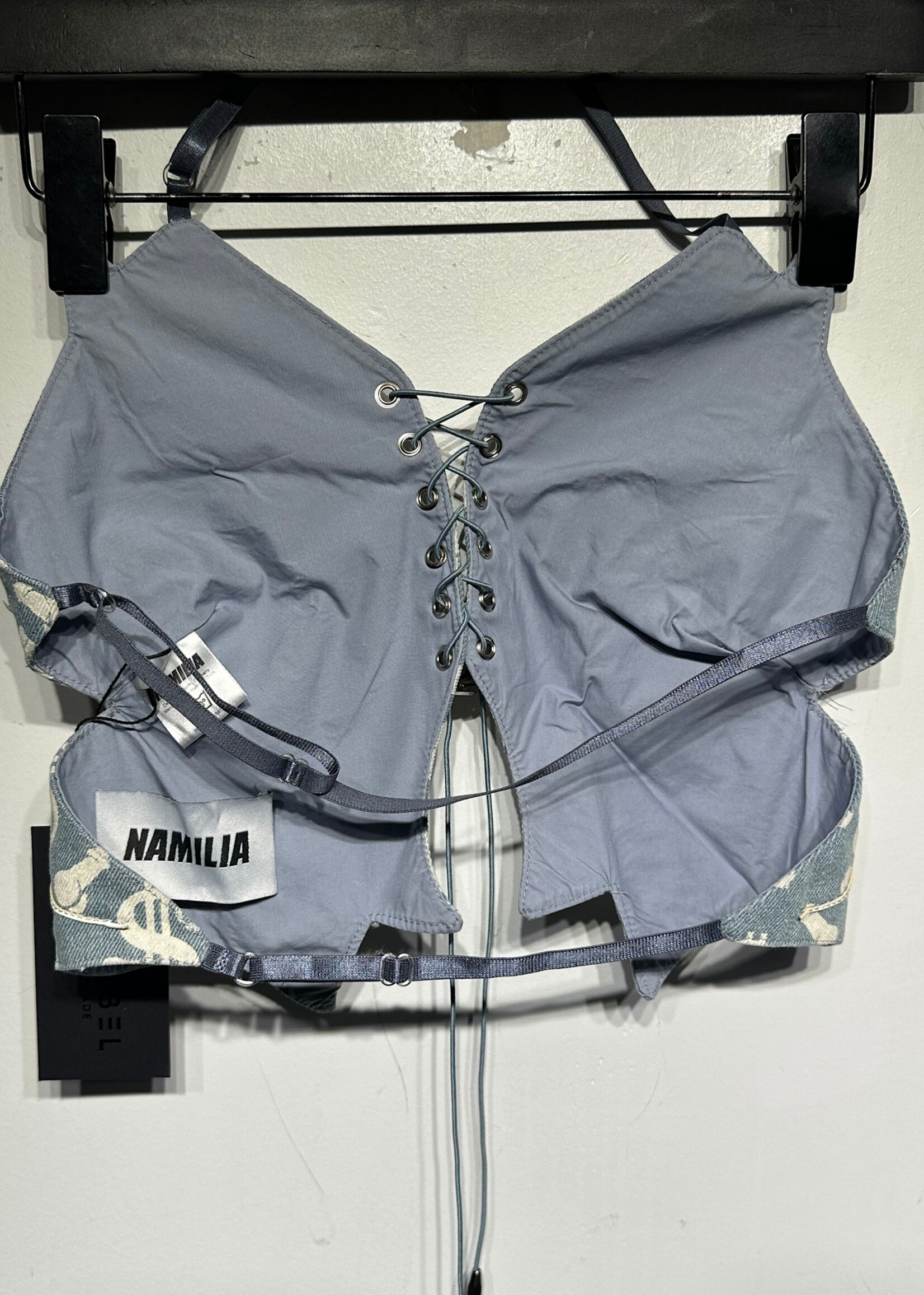 Namilia Denim Faux Leather Lace Up Top M