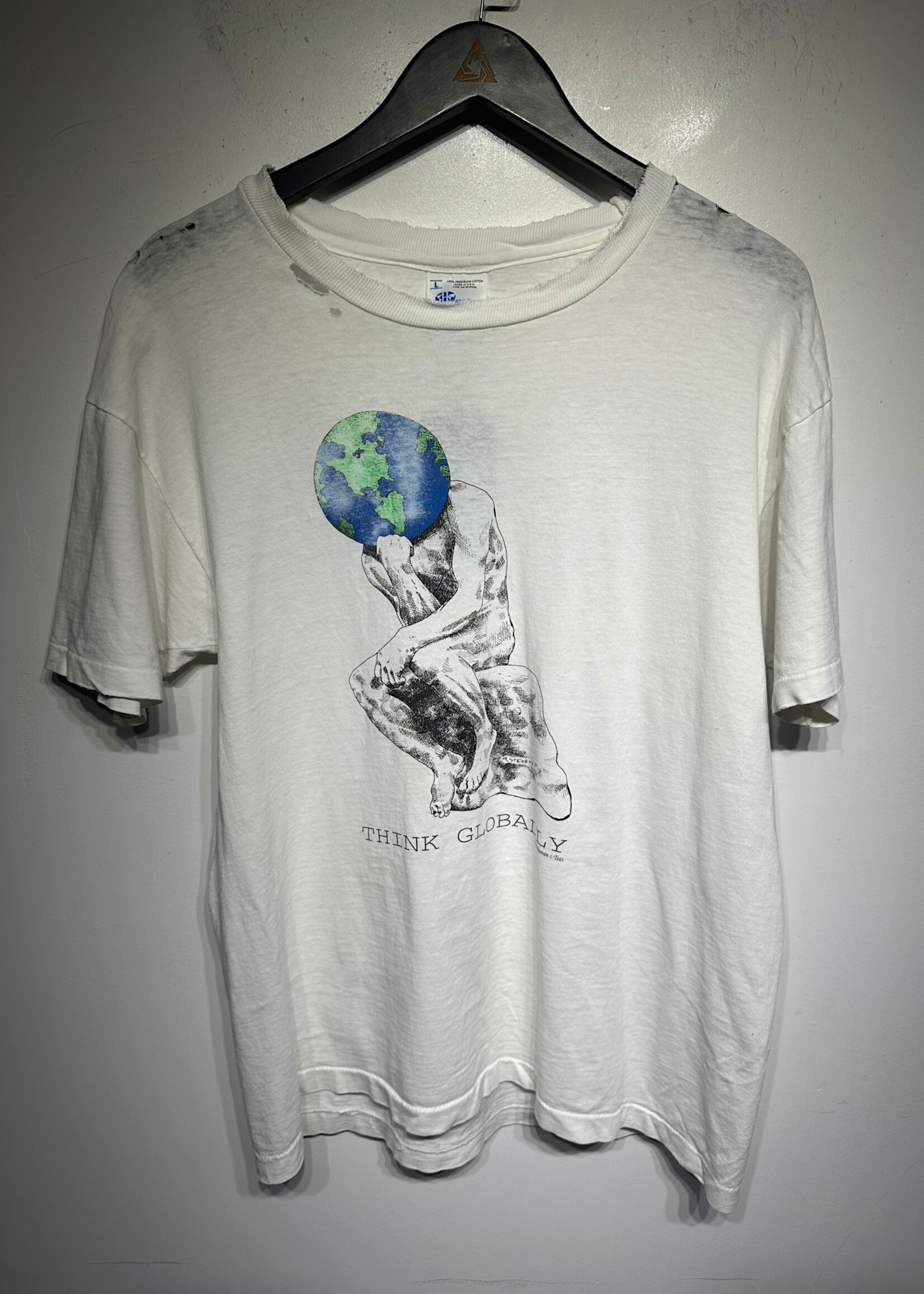 Think Globally Vintage Distressed White Tee L