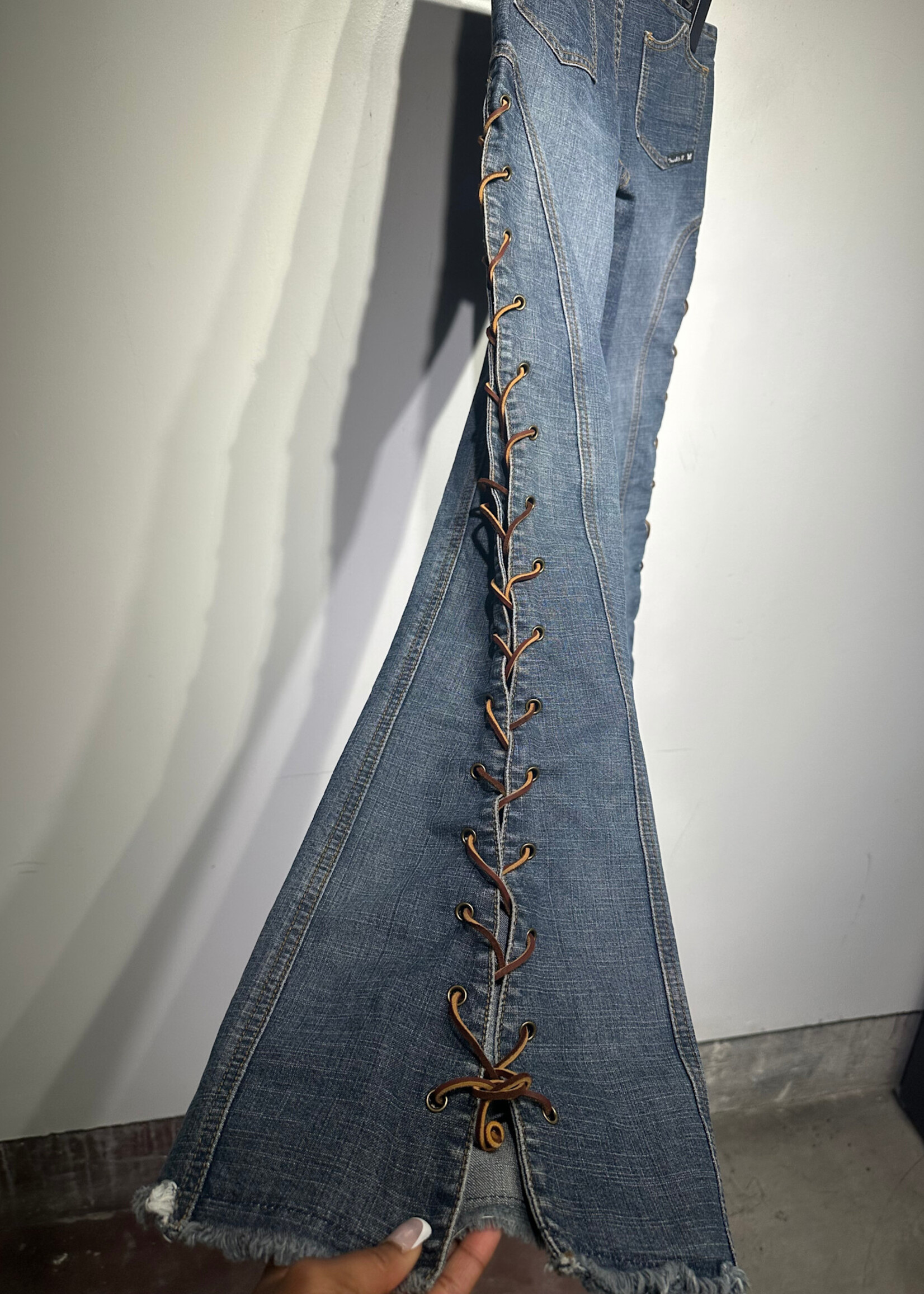 Frankie B Leather Lace Up Midwash Jeans 24