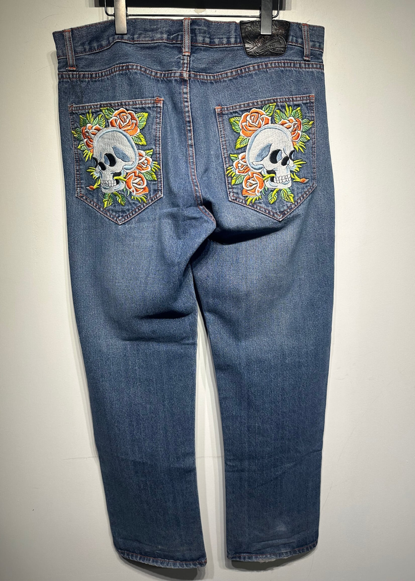 Ed Hardy Skull Orange Flower Baggy Jeans 38