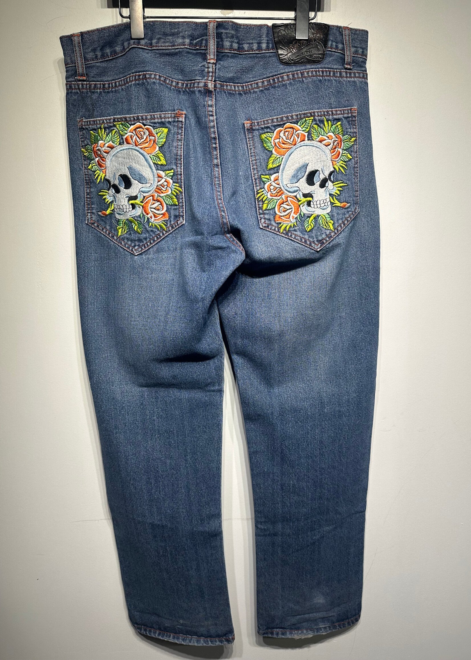 Ed Hardy Skull Orange Flower Baggy Jeans 38
