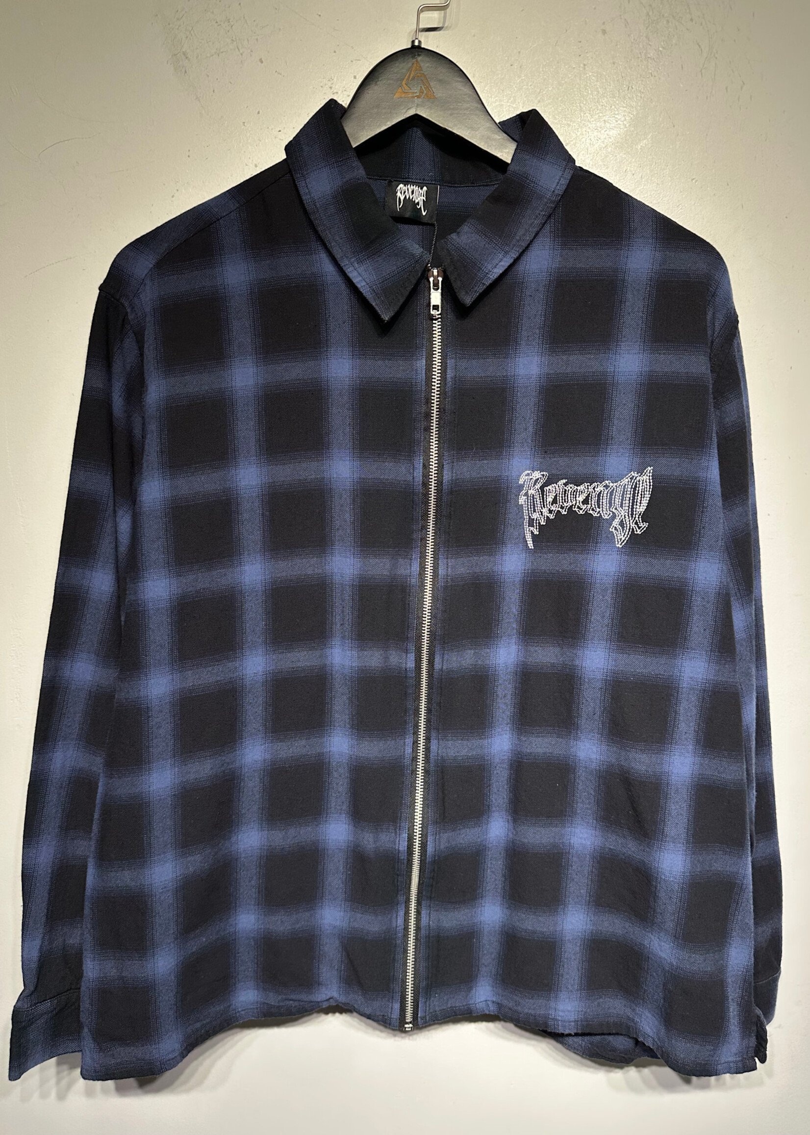Revenge Blue Plaid Zip Up Shirt L