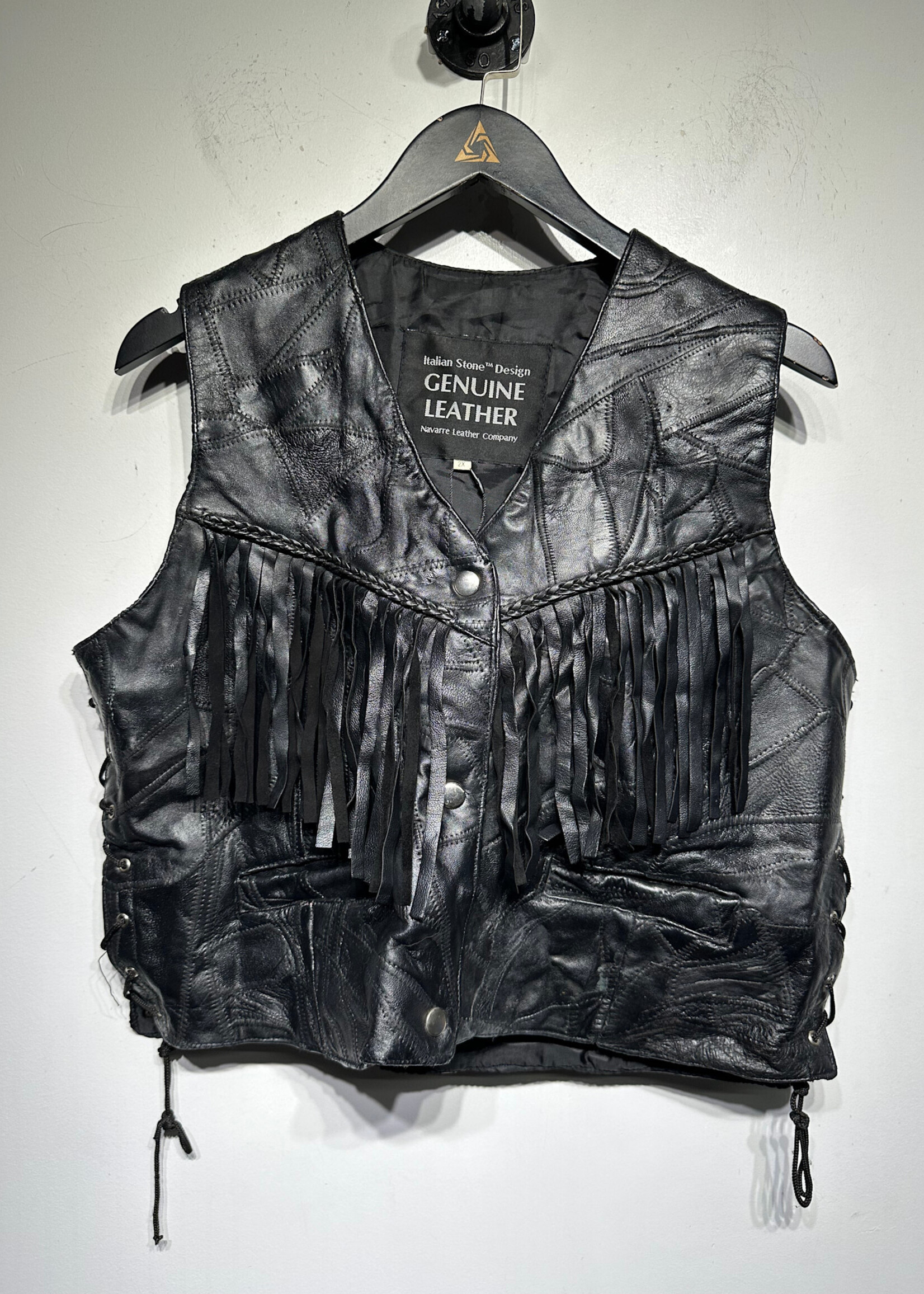 Italian Stone Design Patch Leather Vest XXL