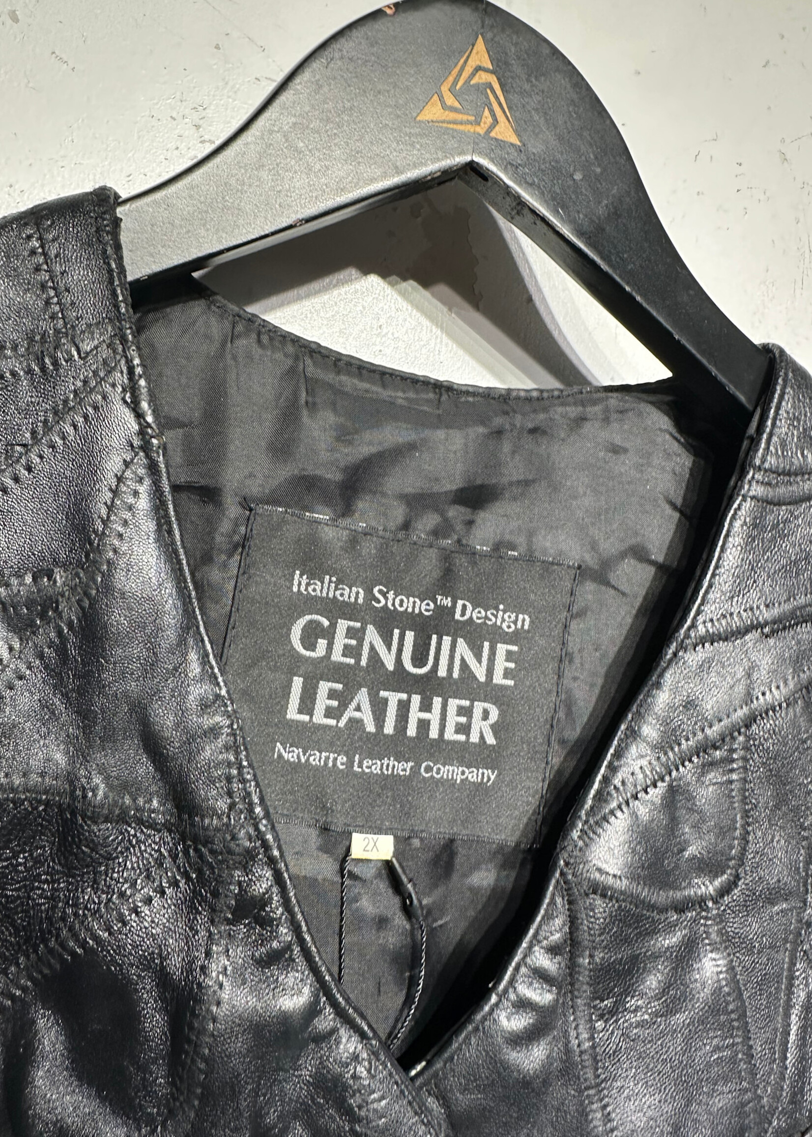 Italian Stone Design Patch Leather Vest XXL