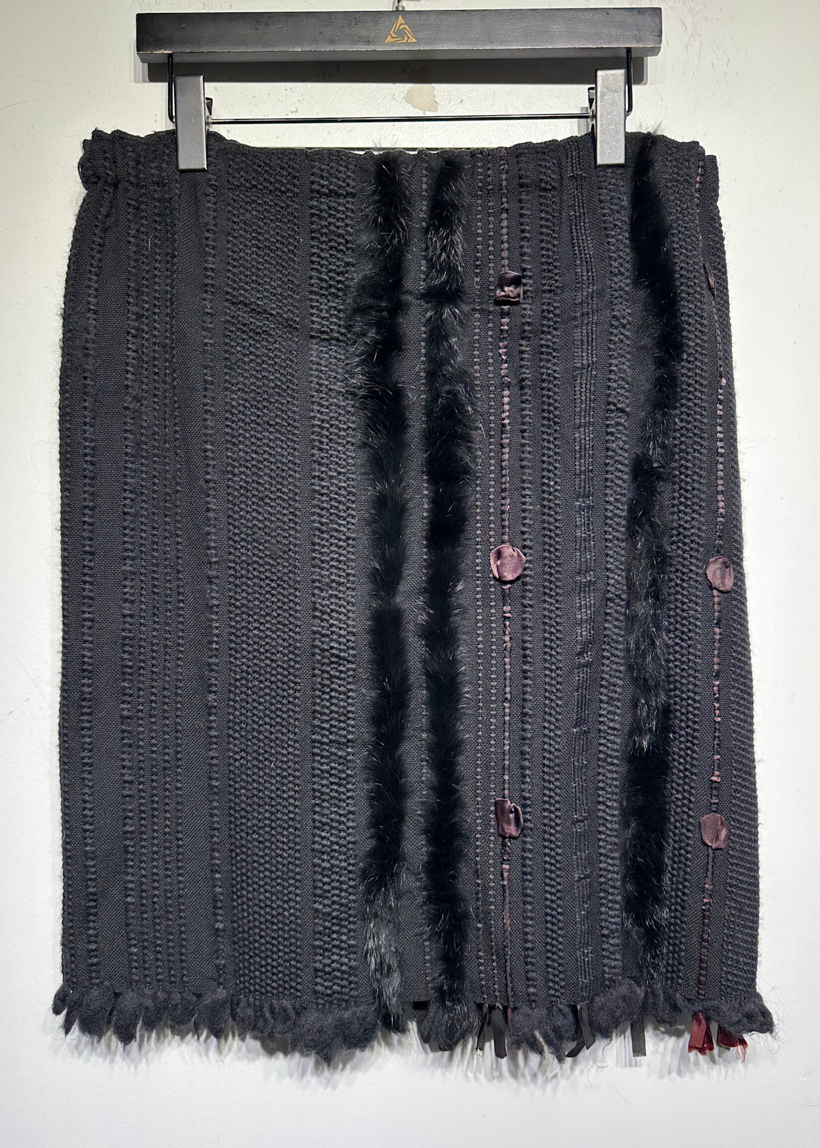 Gucci 2002 Black Wool Fur Ribbon Midi Skirt Fem 32