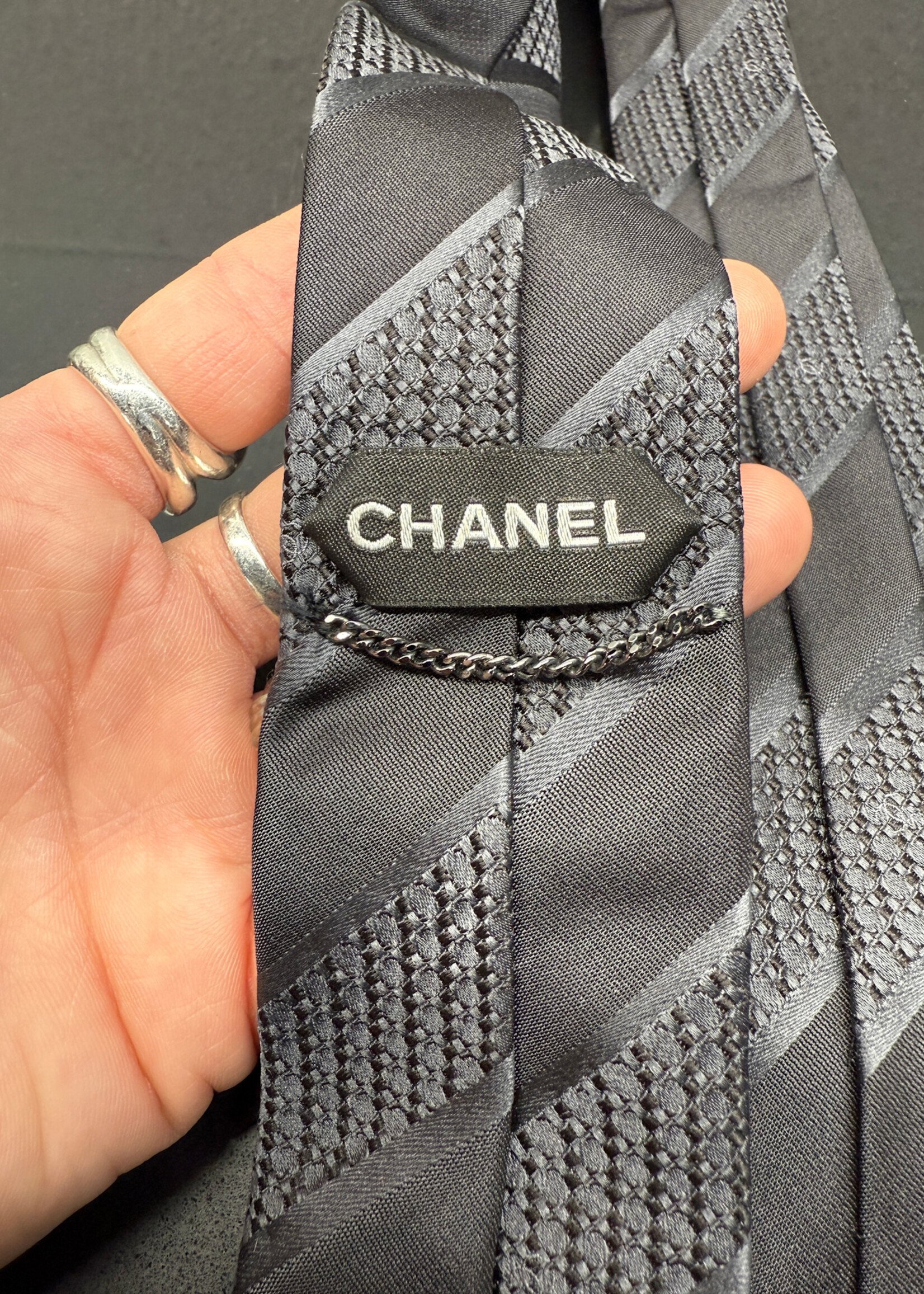 Chanel Black Silk Diagonal Stripe Tie