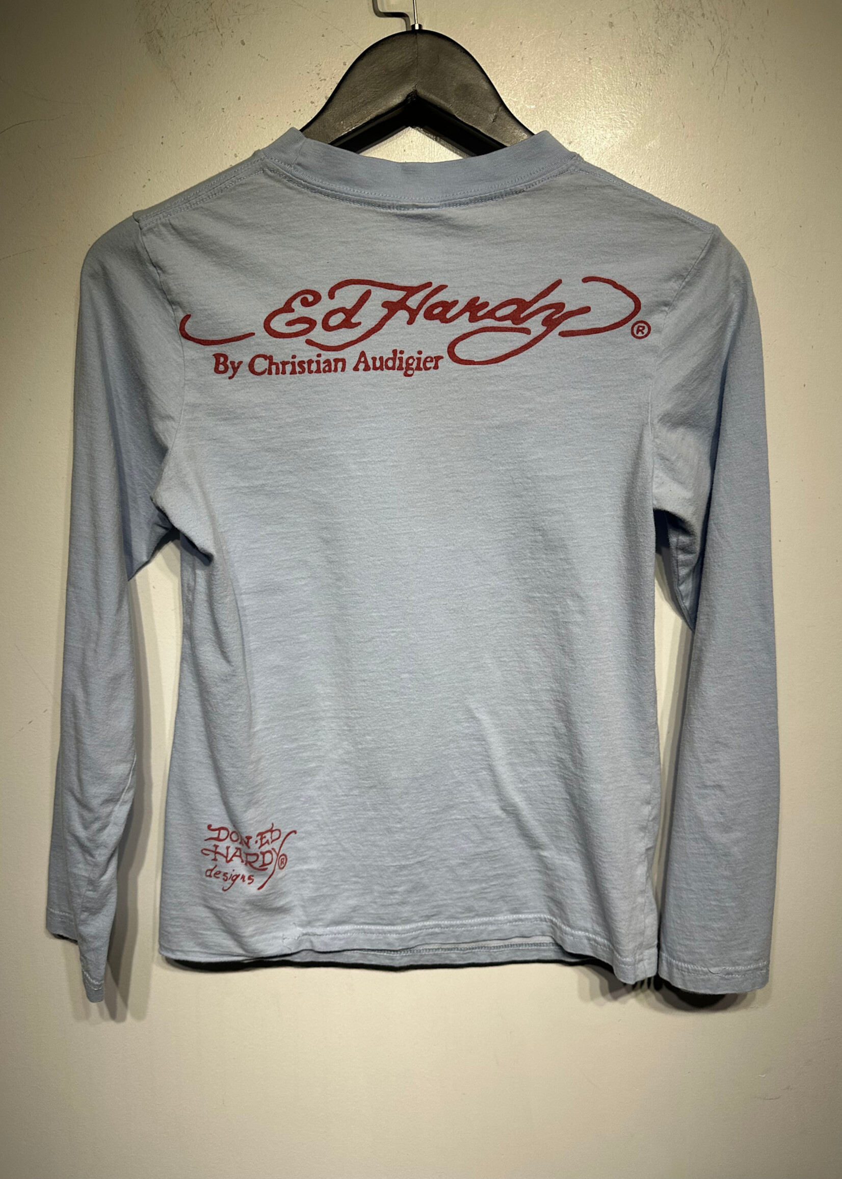 Ed Hardy 00s Light Blue Rhinestone LS Fem L AS IS