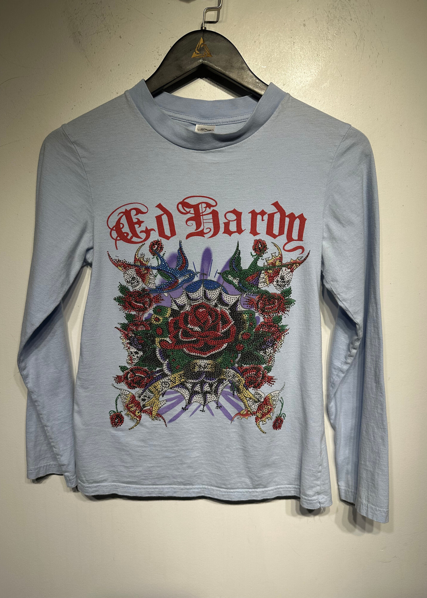 Ed Hardy 00s Light Blue Rhinestone LS Fem L AS IS