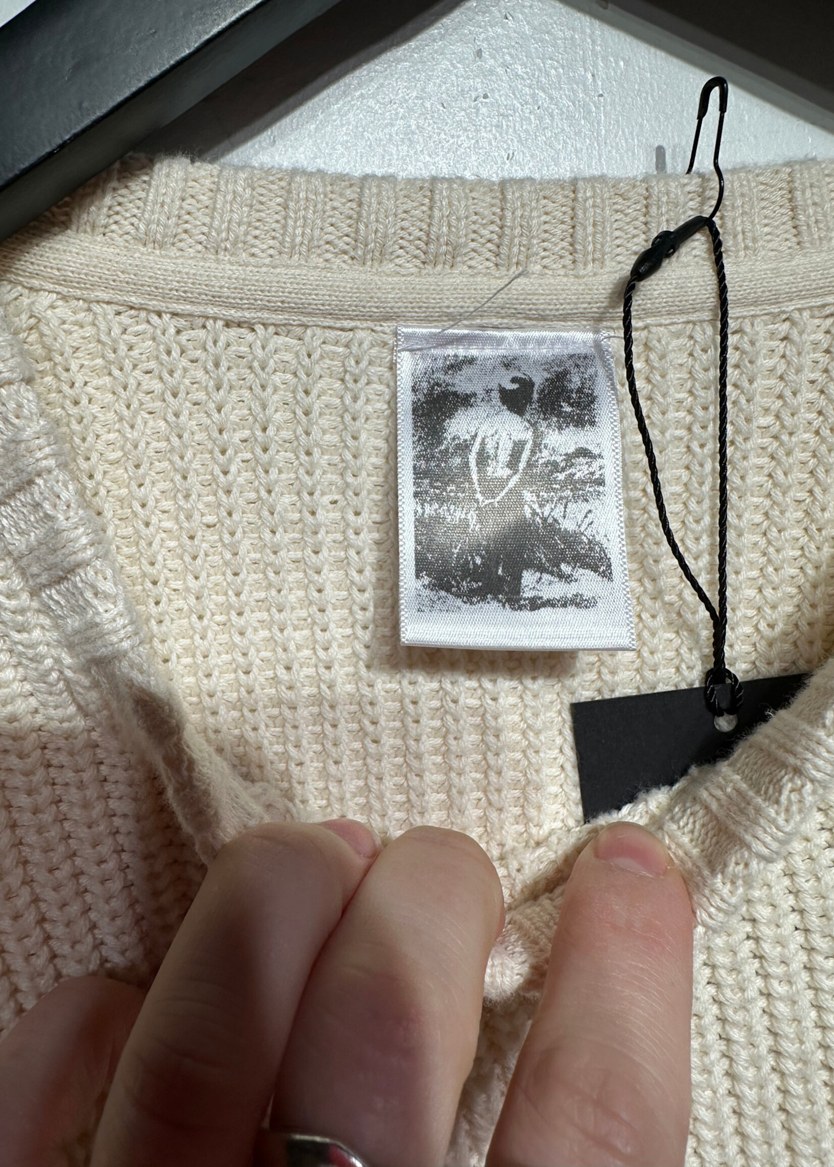 Basketcase Beige Sleeve Print Knit Sweater L